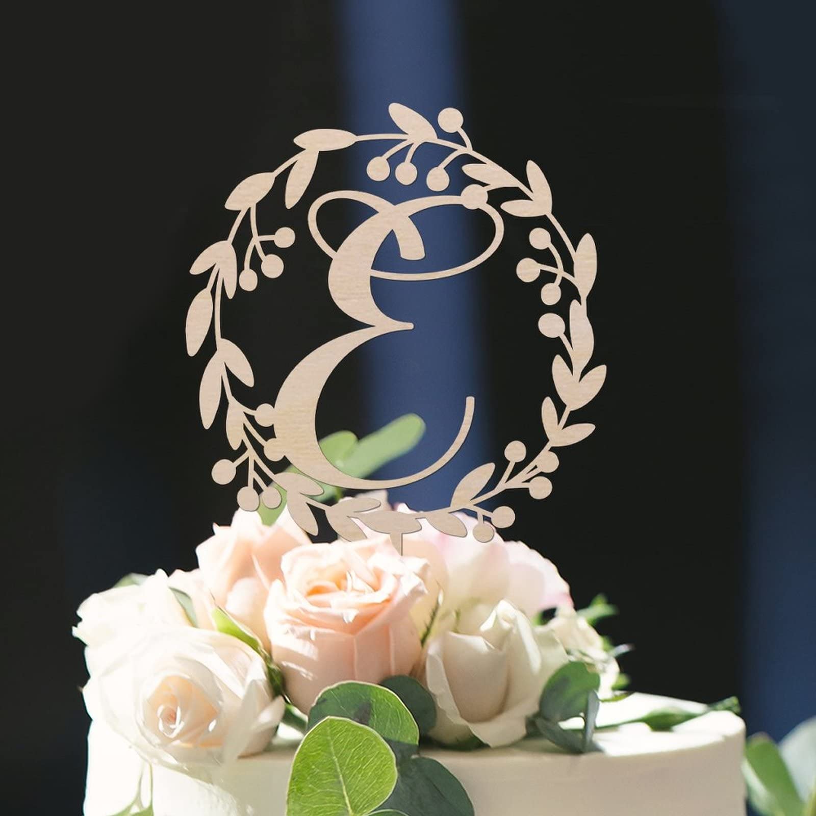 Personalized Wooden Monogram Cake Topper - Rustic Letter E Wreath Design for Wedding, Birthday & Anniversary Cakes - Handmade Cake Decoration (Design 11) | Perfect for Rustic Weddings, Birthday Celebrations & Special Occasions