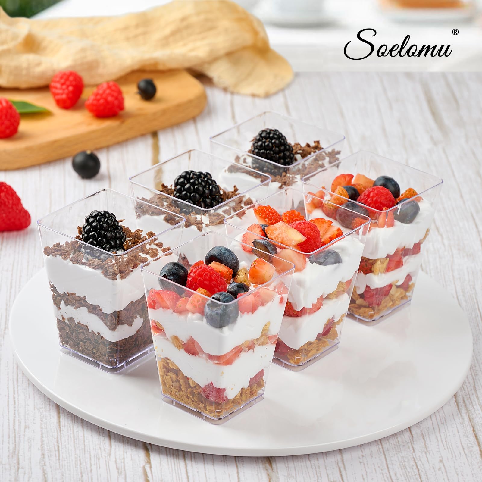 100-Pack 5 oz Square & Goblet Plastic Dessert Cups with Spoons - Mini Parfait & Shooter Cups for Banana Pudding, Yogurt, Fruit, Jello - Perfect for Parties, Catering & Home Dessert Serving