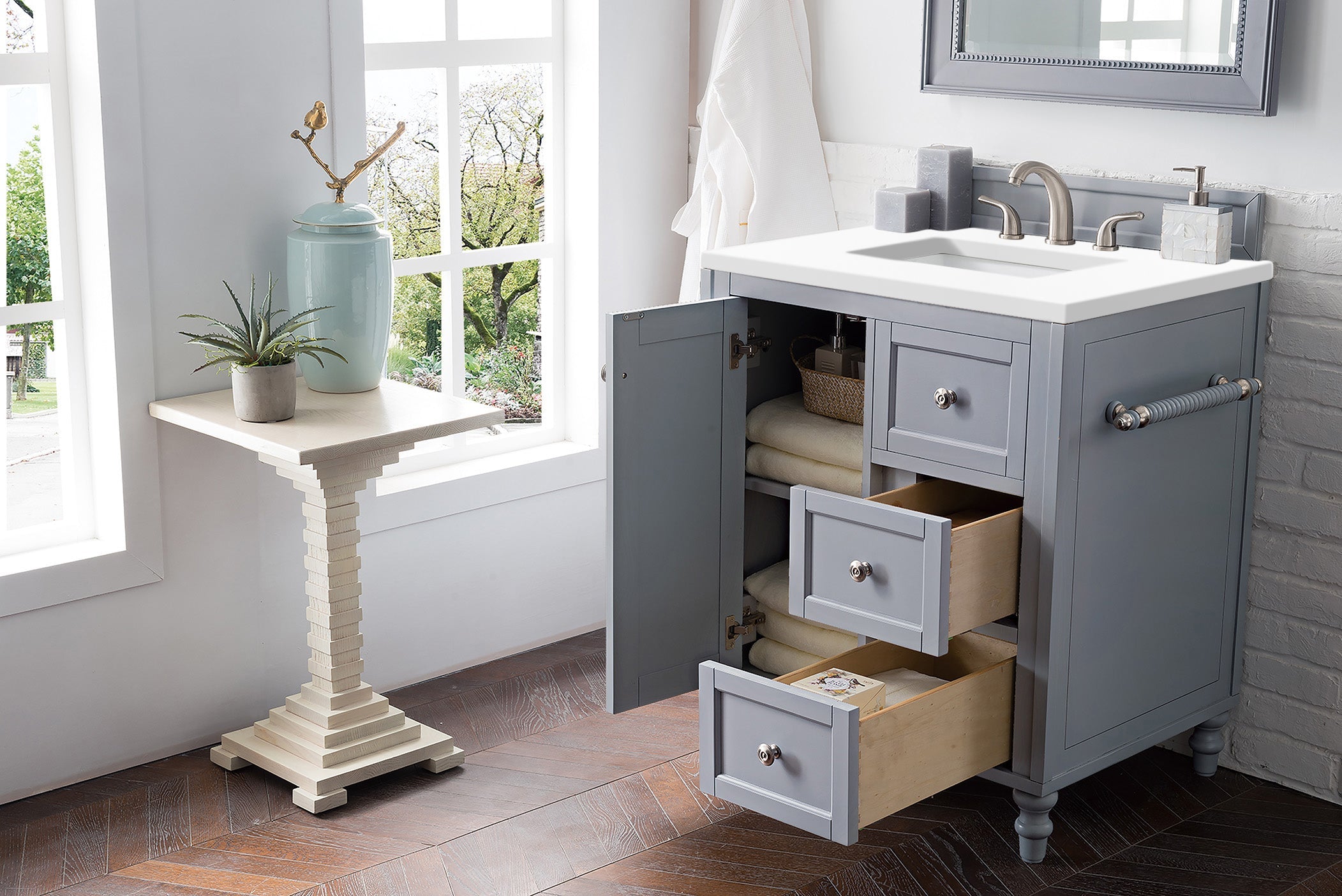 Copper Cove Encore 30 Inch Single Bathroom Vanity with 3CM Classic White Quartz Countertop - Silver Gray Finish | Perfect for Modern Master Bathrooms & Powder Rooms