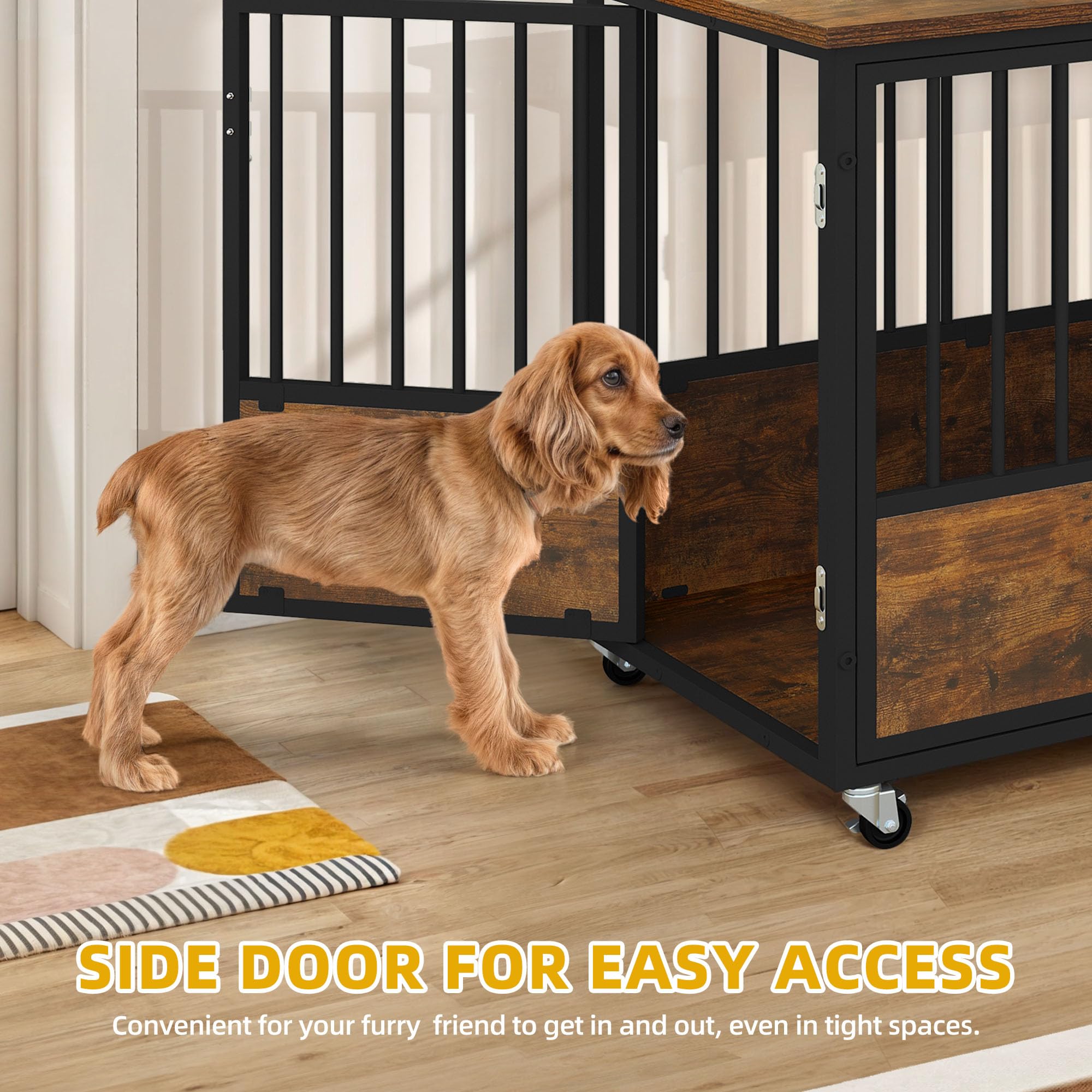 DWVO 38 Inch Rustic Brown Farmhouse Dog Crate Furniture with Wheels - Chew-Resistant Wooden Kennel End Table with Double Doors for Indoor Use | Perfect for Living Room, Bedroom & Home Decor
