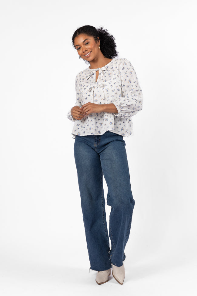 Elegant Ivory & Blue Bow Detail Floral Blouse for Women | Romantic Spring Summer Top | Perfect for Date Night, Office Wear & Special Occasions