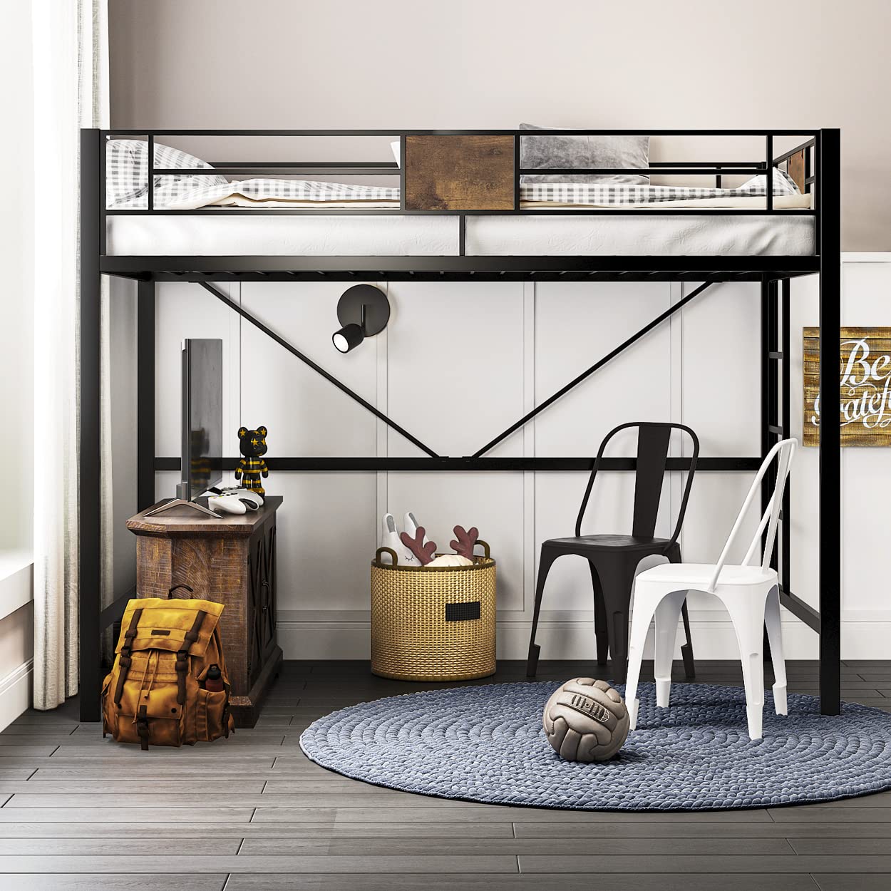 Rustic SHA CERLIN Twin Loft Bed with Ladder & Guardrail - Space-Saving Metal Slat Design (No Box Spring Needed) - Perfect for Small Bedrooms, Dorms & Studio Apartments