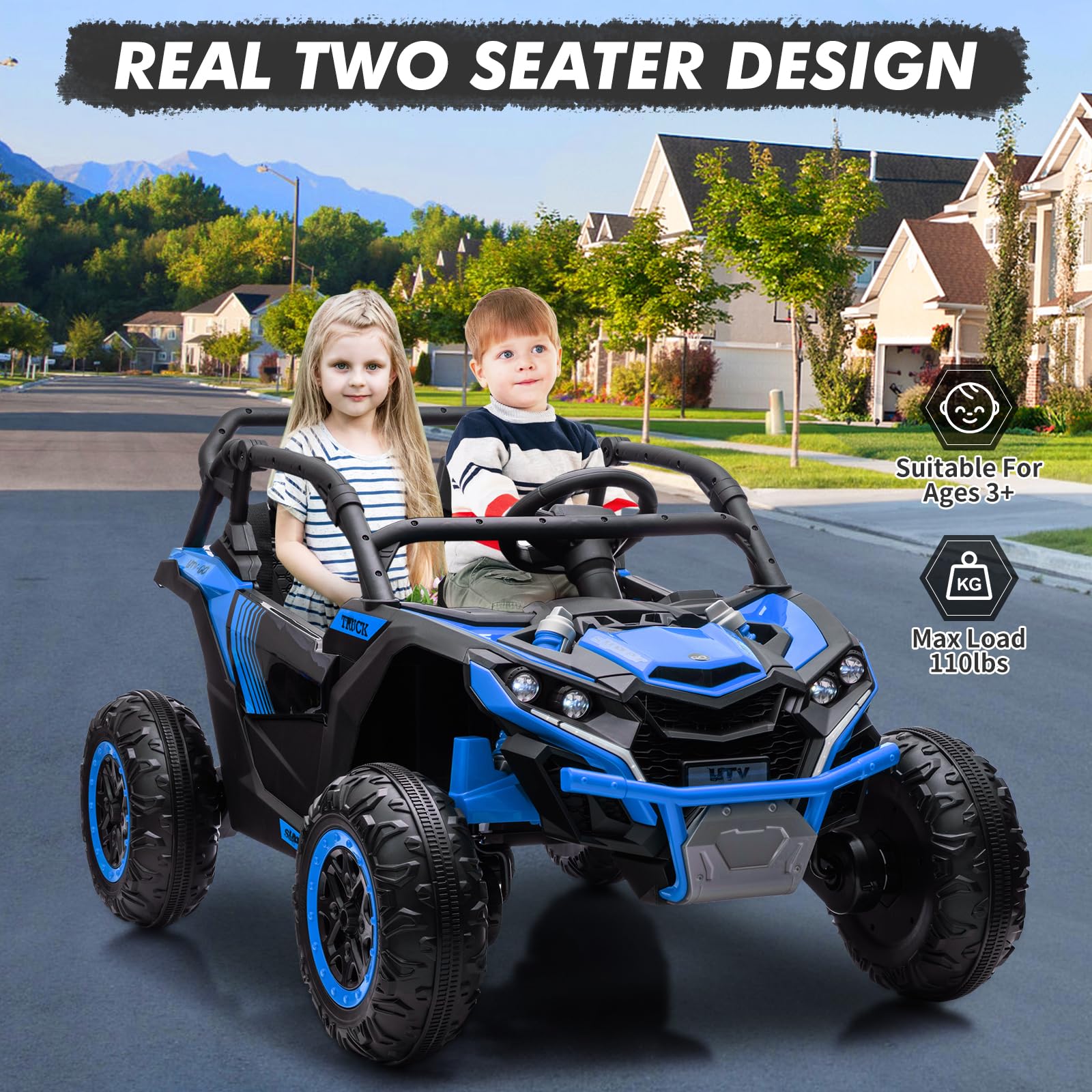**GARVEE 24V Kids Ride-On UTV - 2 Seater 4WD Electric Truck with Remote Control, High/Low Speed, LED Lights & Shock Absorbers - One-Click Start & Music Player (Blue) - Perfect for Outdoor Play & Backyard Adventures**