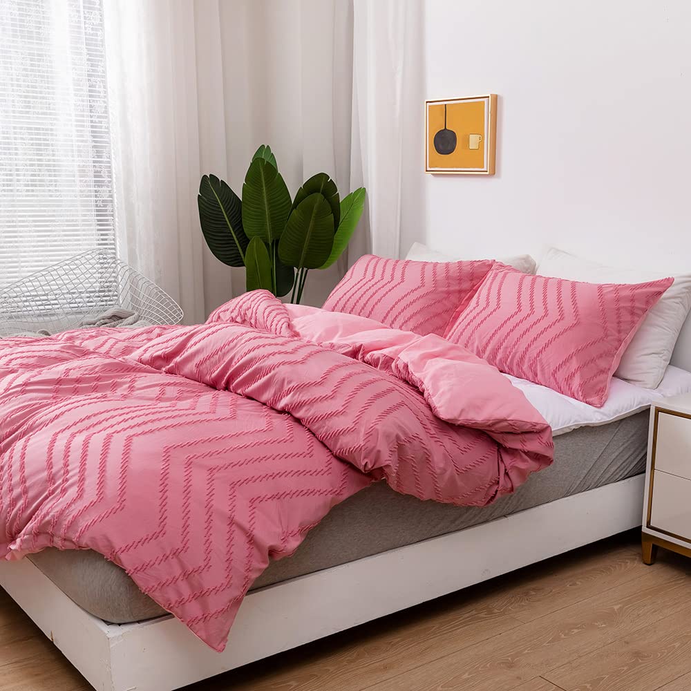 79''x90'' Tufted Comforter Set - 3 Piece Pink Microfiber Bedding | Lightweight & Fluffy All-Season Duvet Cover for Queen/King Beds | Soft Luxury Bedroom Decor for Master Suite, Guest Room & Dorm