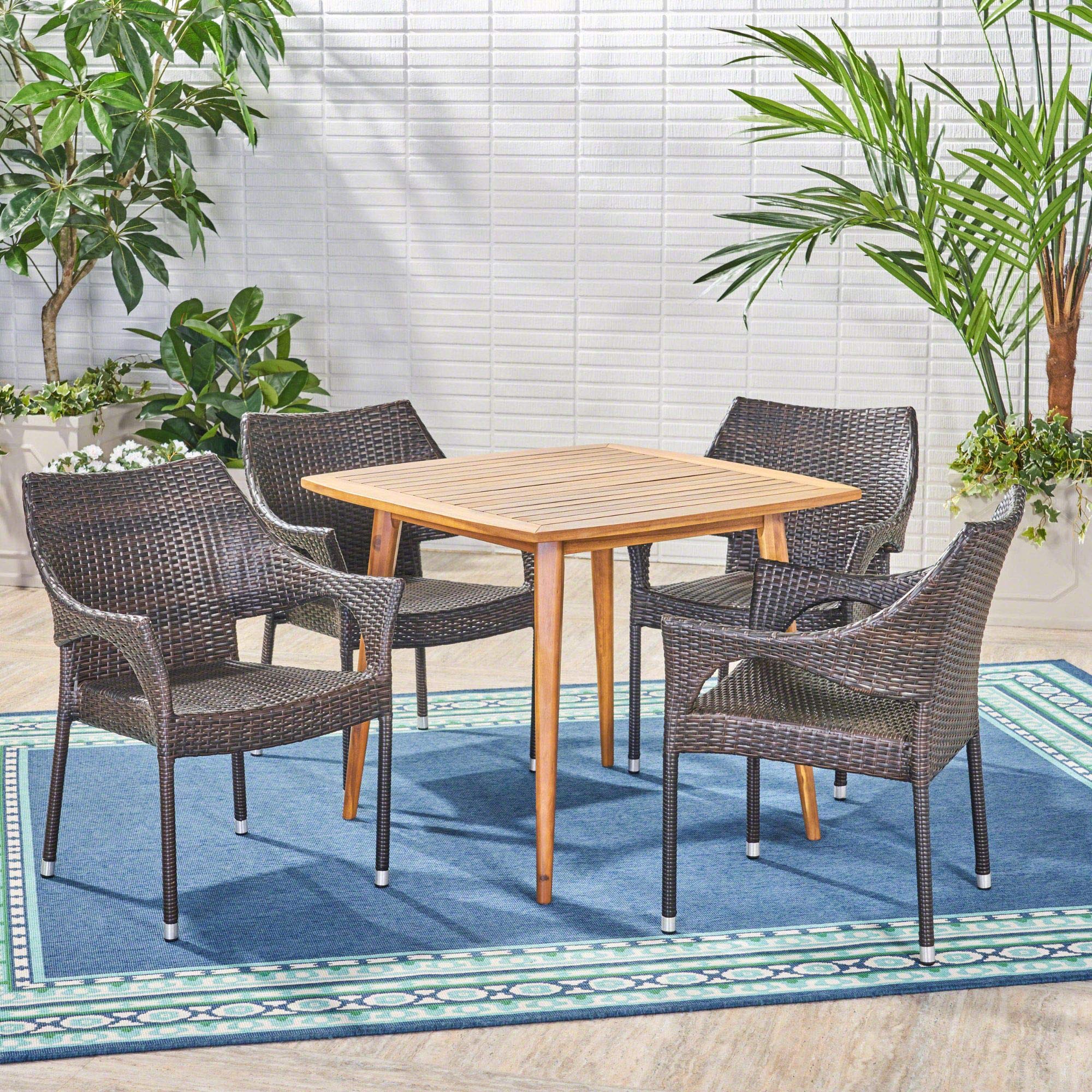 5-Piece Brown Teak Finish Wood & Wicker Outdoor Patio Dining Set - Contemporary Outdoor Furniture for Garden, Poolside & Backyard Entertaining