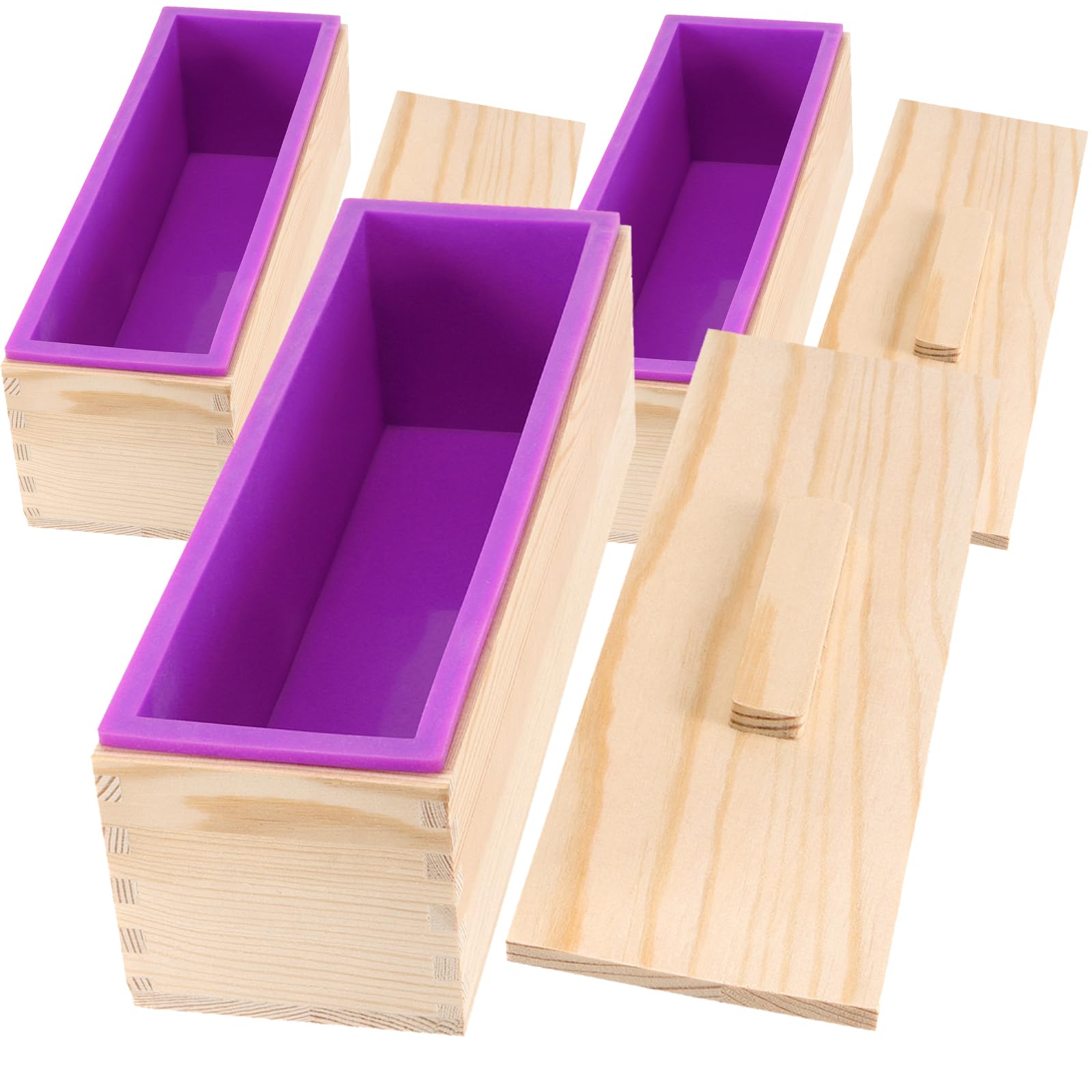 3 PCS 42 Oz Purple Silicone Soap Molds Loaf - Flexible Rectangular DIY Soap Making Molds with Wooden Box & Cover - Perfect for Handmade Soap, Bath Bombs & Candle Making at Home