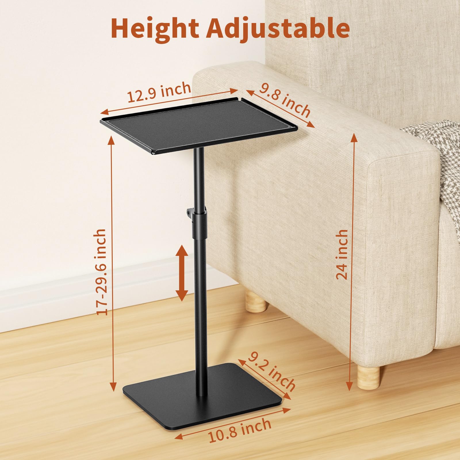 Adjustable Height Metal End Table - Matte Black Square Side Table for Living Room, Bedroom & Outdoor Use | Small Space Sofa Table with Tray for Drinks, Coffee & Decor | Ideal for Apartments, Patios & Compact Spaces