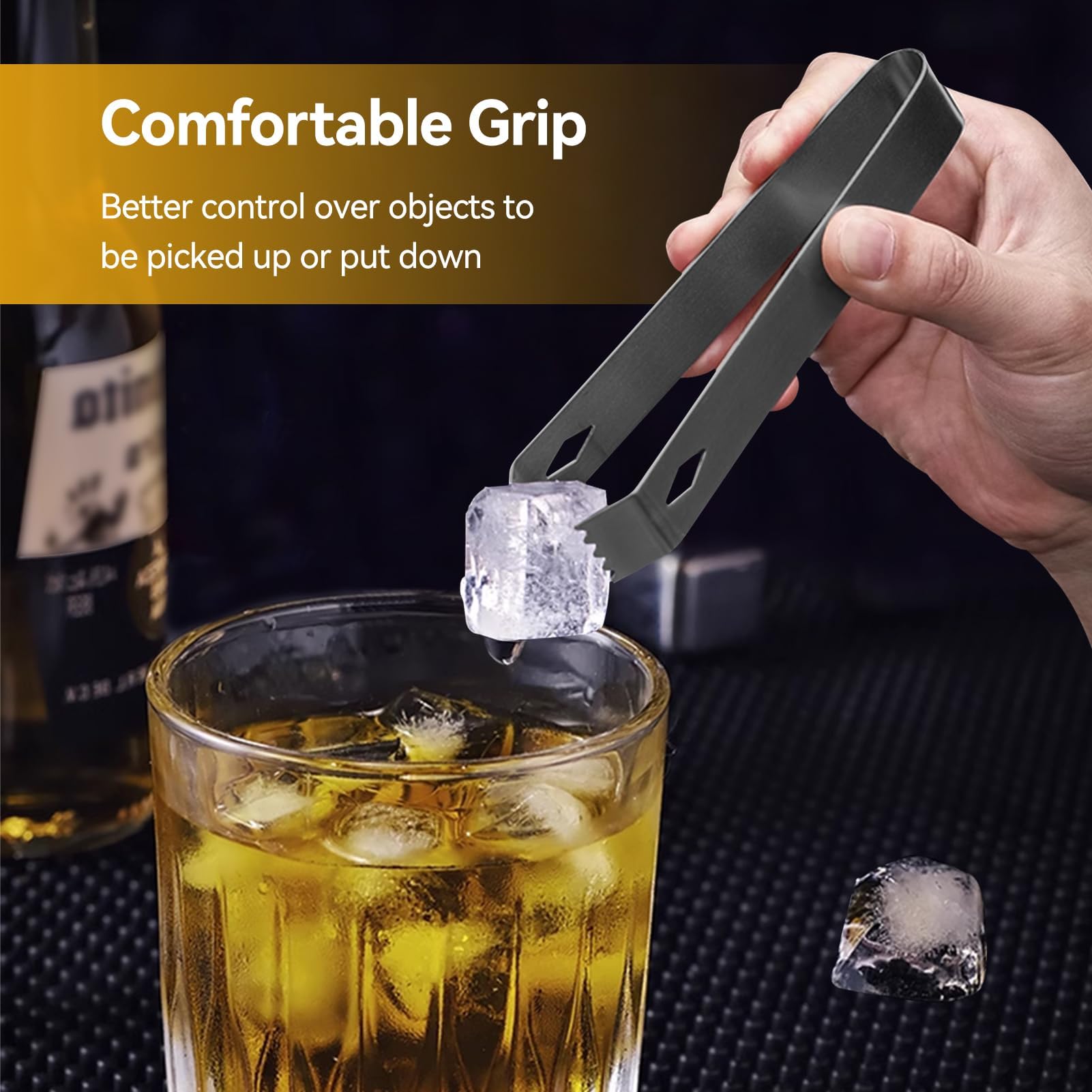 Premium Stainless Steel Ice Tongs - 6.7 Inch Bar Tongs for Ice Bucket, Cocktails, Sugar Cubes & Food Serving - Durable Metal Tongs for Bartending, Home Bar & Party Hosting (Black)