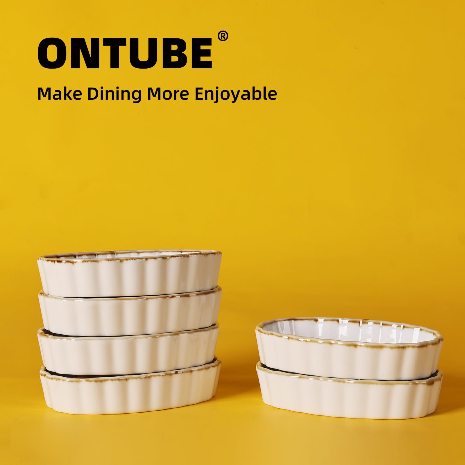 ONTUBE 4 oz Porcelain Ramekins Set of 6 - Oven Safe Oval Baking Dishes for Creme Brulee, Souffle, Pudding, Dipping Sauces | Perfect for Desserts, Appetizers & Home Kitchen Use (Brown/White)