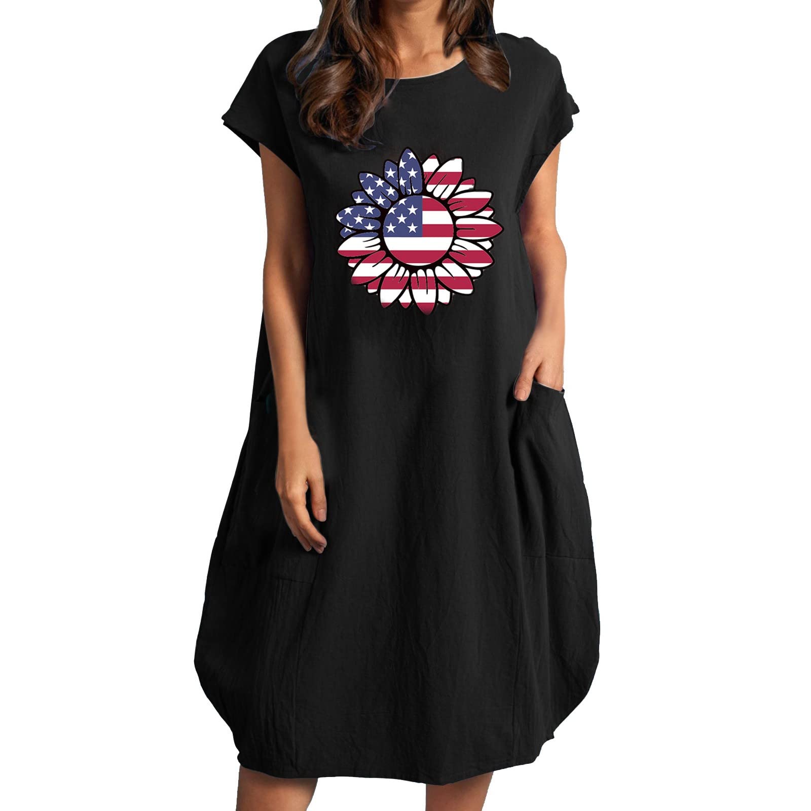 Women's Red Floral Sunflower Print Loose Short Sleeve Summer Dress - Round Neck Casual Sundress for Beach, Vacation & Outdoor Parties