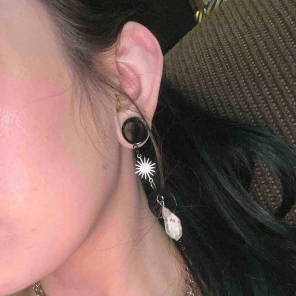 2PCS Moon Pendant Natural Stone Stainless Steel Dangle Ear Plugs Tunnels Stretcher Piercing Body Jewelry for Women Men - Boho Chic Style for Parties, Concerts & Everyday Wear