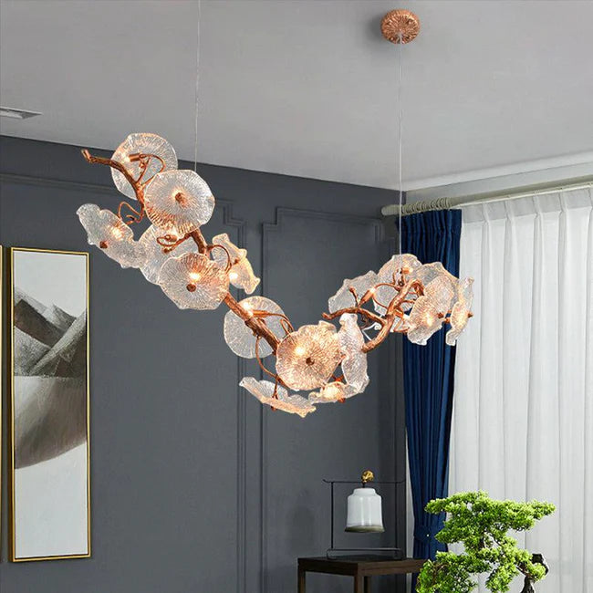 Modern Leaf Glass Flower Linear Branch Chandelier - Elegant Island Pendant Light for Dining Room, Kitchen, or Living Room Decor