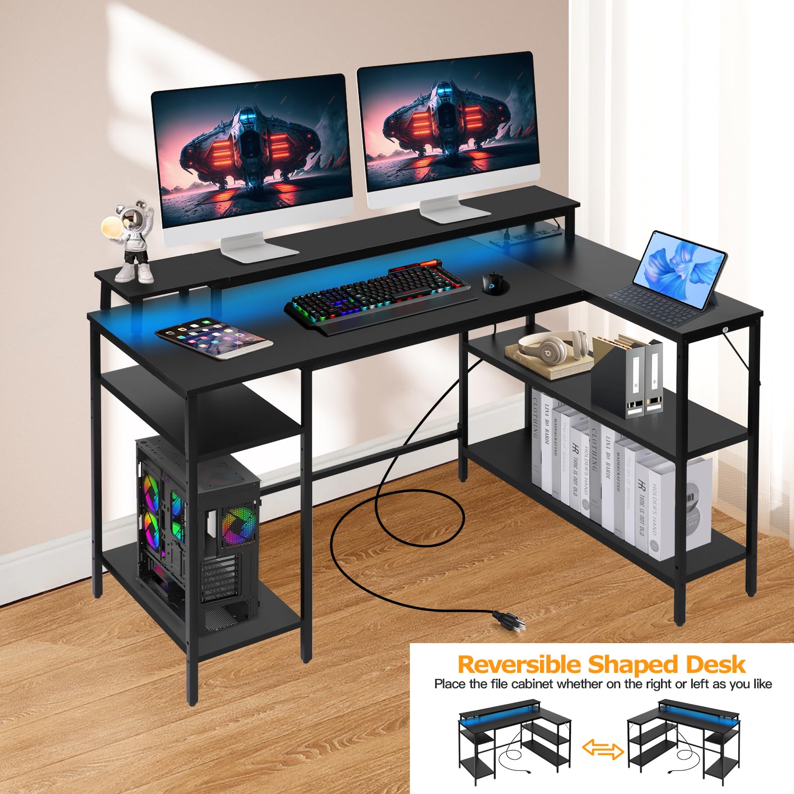 L-Shaped Computer Desk with LED Lights & Power Outlet - Reversible Corner Office Desk with Monitor Stand & Shelves - Gaming & Home Office Desk for Bedroom, Study Room & Small Spaces (Black)