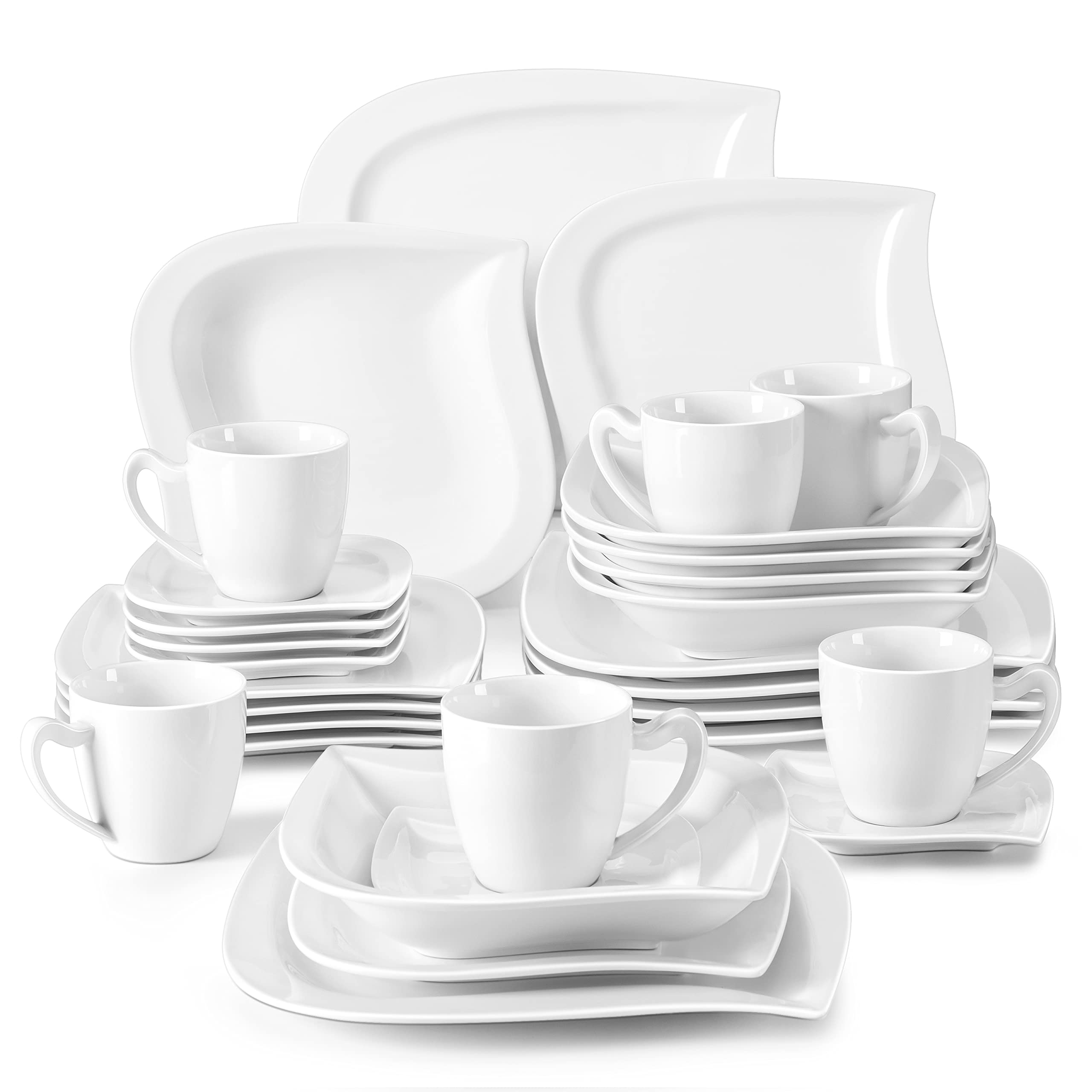 MALACASA 30-Piece Ivory White Porcelain Dinnerware Set for 6 - Plates, Bowls, Cups & Saucers | Microwave Safe Kitchen & Dining Ware (Elvira Series) - Perfect for Family Dinners, Parties & Everyday Use