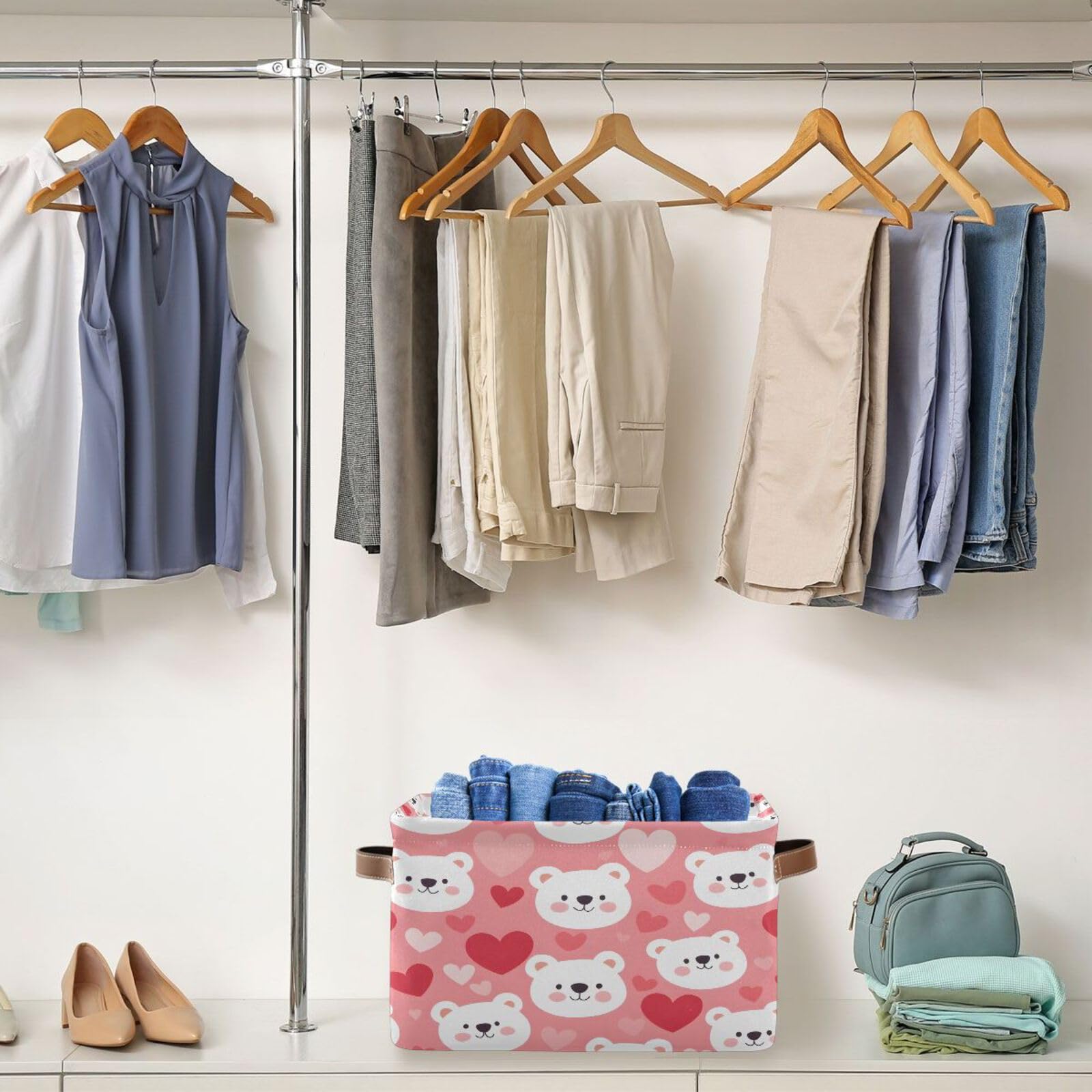 Kigai Bear Face Storage Bins for Shelves - Foldable Double Handle Storage Baskets with Metal Frame, Rectangular Closet Organizer Containers for Bedroom & Home Organization - Perfect for Toys, Blankets, and Seasonal Clothing Storage