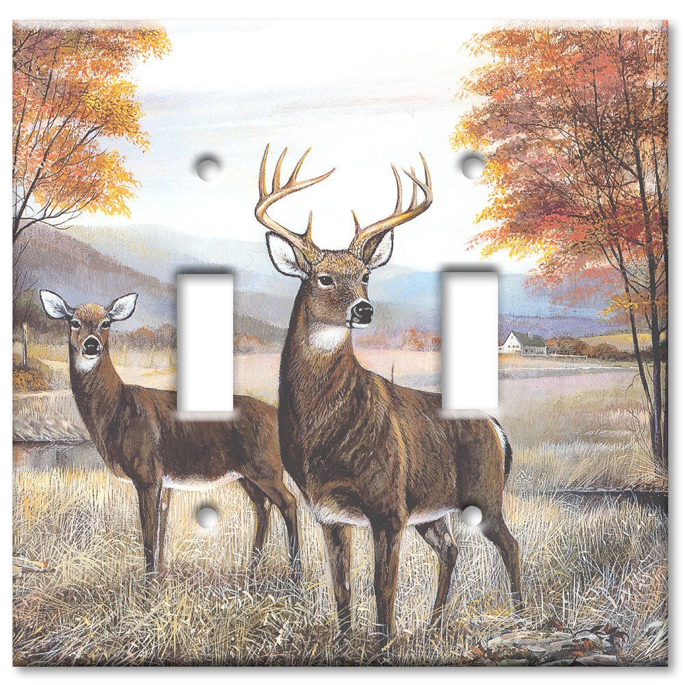 White Tail Deer Art Switch Plate - Double Toggle Light Cover - Rustic Wildlife Home Decor for Living Room, Bedroom & Cabin