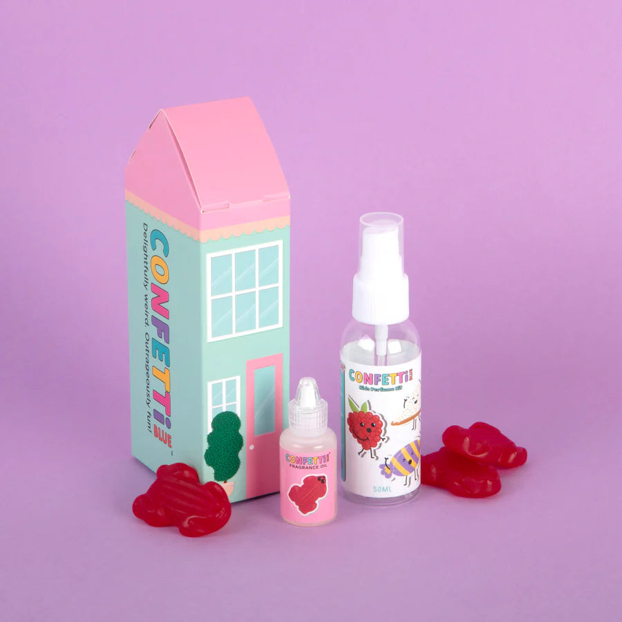 Confetti Blue Mini Perfume Making Kit with Red Frogs - DIY Scent Creation for Kids, Teens & Adults - Perfect for Birthday Parties, Craft Projects & Sensory Play