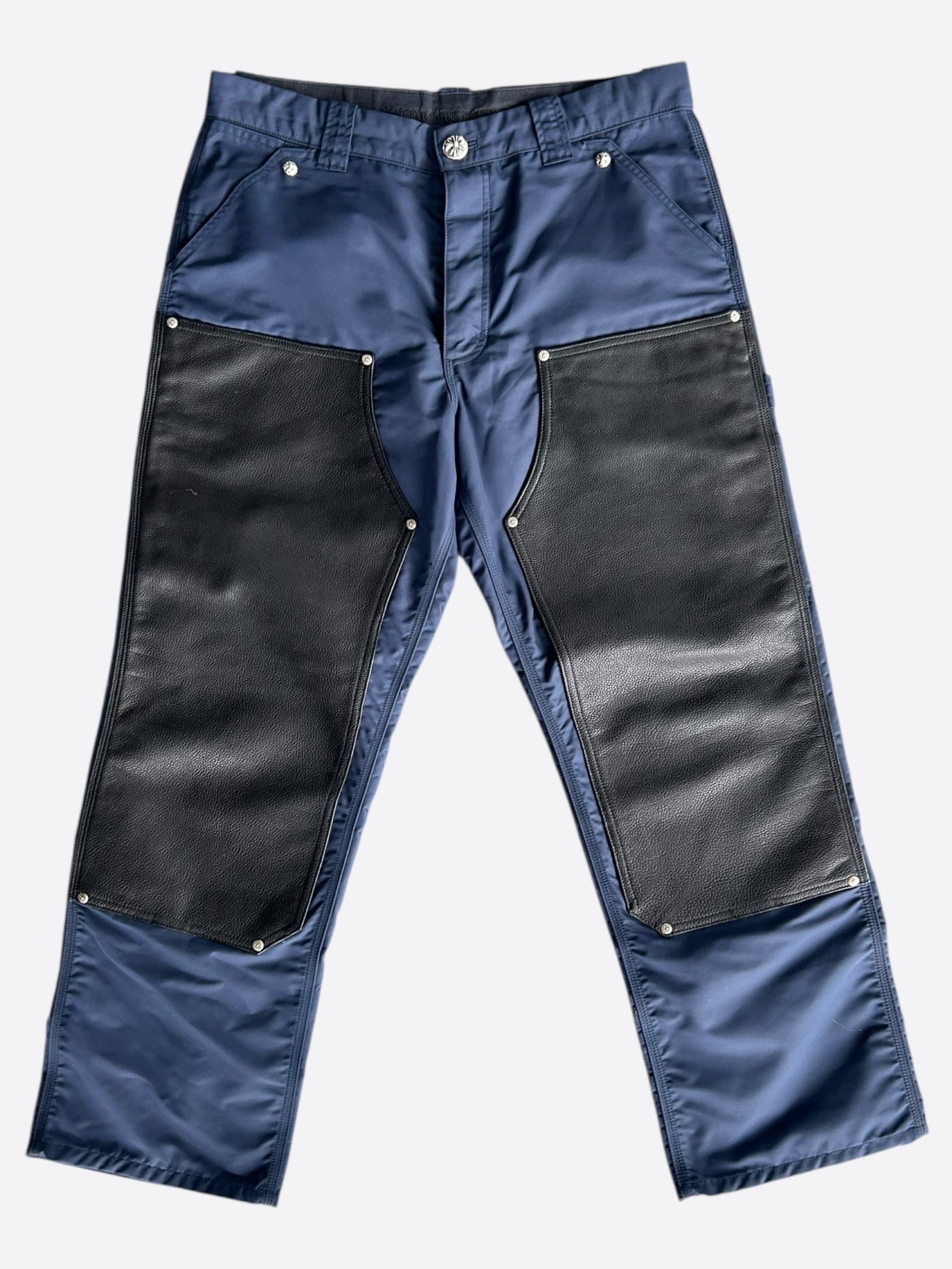 Chrome Hearts Navy Blue Nylon & Leather Carpenter Pants for Men - Stylish Workwear & Streetwear Fashion for Everyday Wear