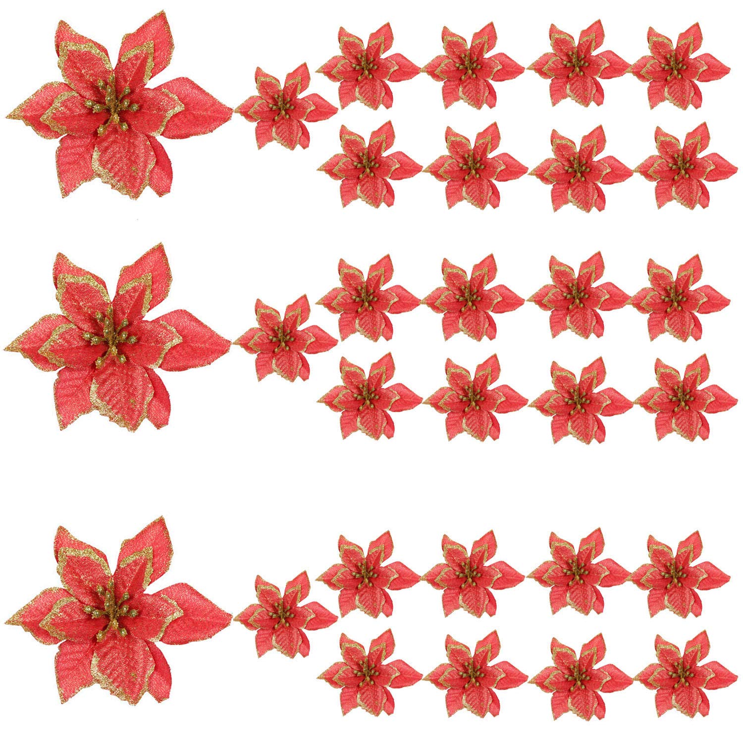 30 Pieces Glitter Christmas Tree Ornaments - Artificial Poinsettia Flowers for Holiday Decor (Red) | Perfect for Christmas Trees, Wreaths, Wedding & Party Decorations