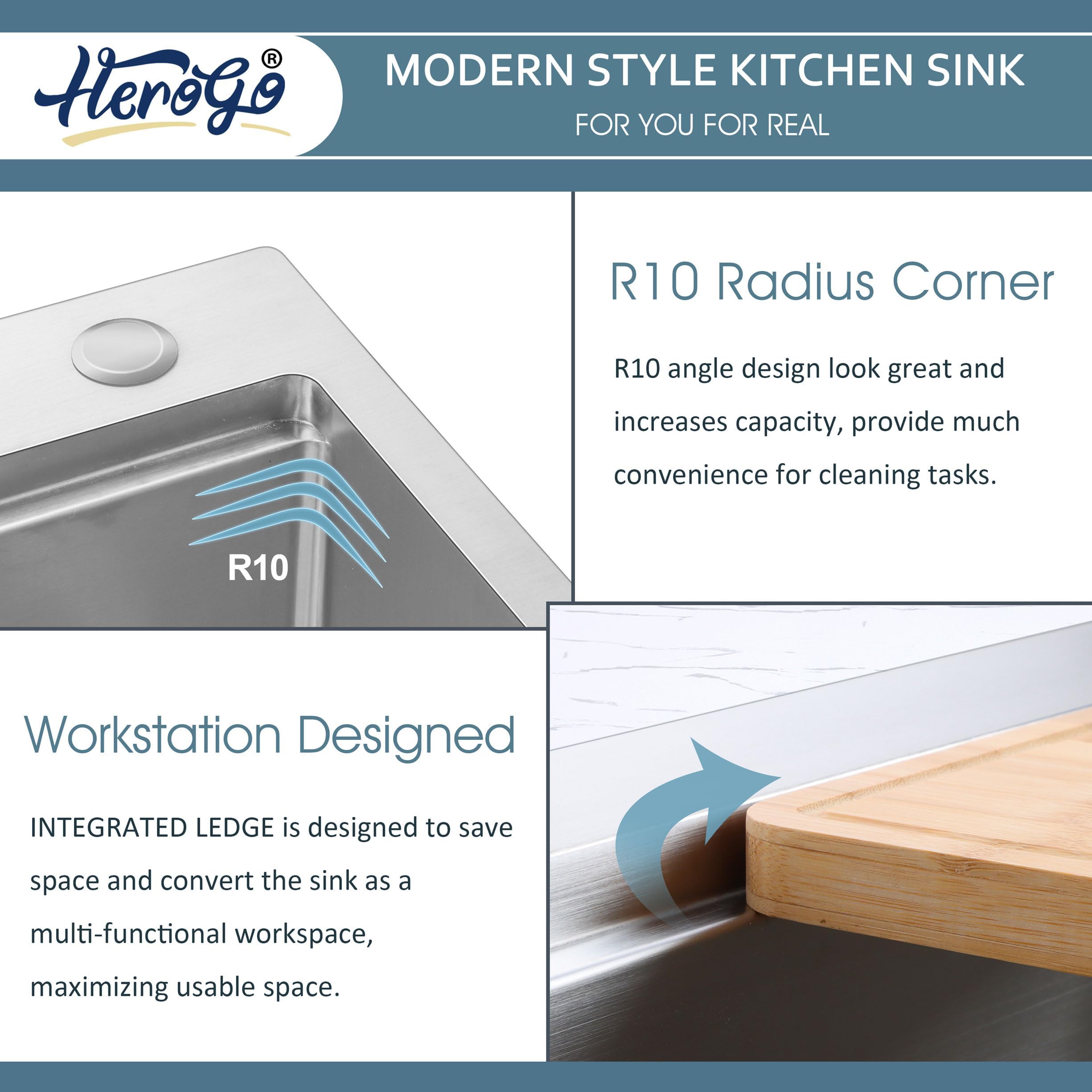 33x22 Inch Drop-In Kitchen Sink - Herogo 10