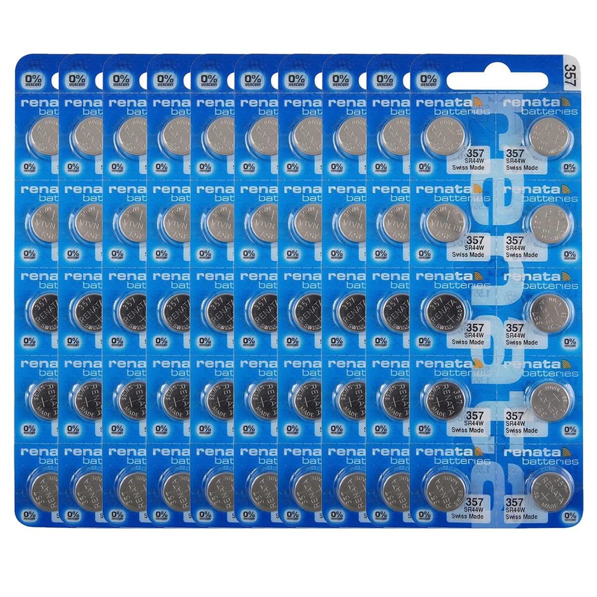 Renata 357 SR44W Silver Oxide Watch Batteries - 1.55V Long Lasting Power (100 Count) - Perfect for Watches, Calculators, Medical Devices & Small Electronics