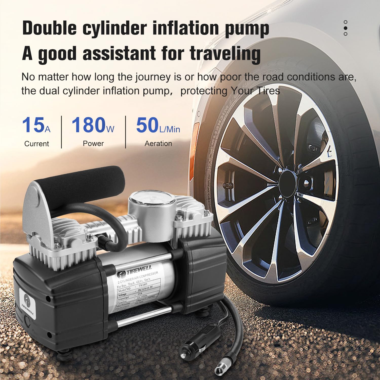 Portable 12V 150PSI Tire Inflator Air Compressor Pump for Car, SUV, Motorcycle, Bicycle - Digital Gauge, Twin Cylinder, 5M Hose & Battery Clamps - Emergency Roadside Assistance, Garage & Travel Use