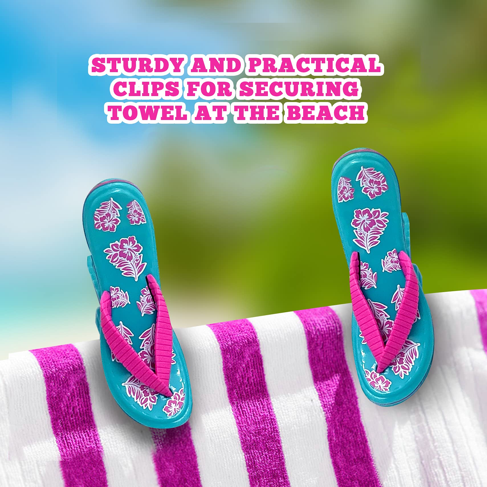 PERFORMORE Flip Flop Beach Towel Clips (Pink Strap) - 2 Pack Portable Towel Holder for Beach, Pool, Boat & Cruise - Secure Towel Clips for Lounge Chairs, Deck & Patio Accessories - Perfect for Sunbathing, Swimming & Outdoor Relaxation