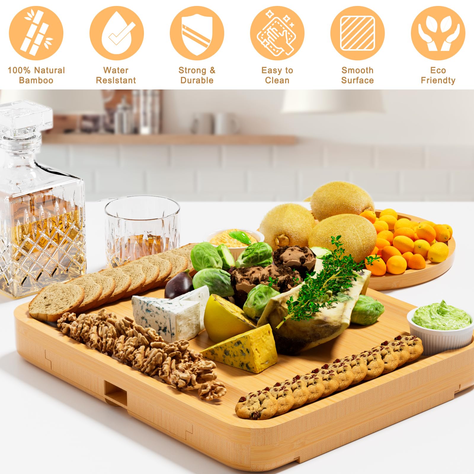Premium Bamboo Charcuterie Board Set with Cheese Knives - Elegant Wooden Serving Tray for Wine, Meat & Cheese - Perfect for Dinner Parties, Wine Tasting & Holiday Gifting