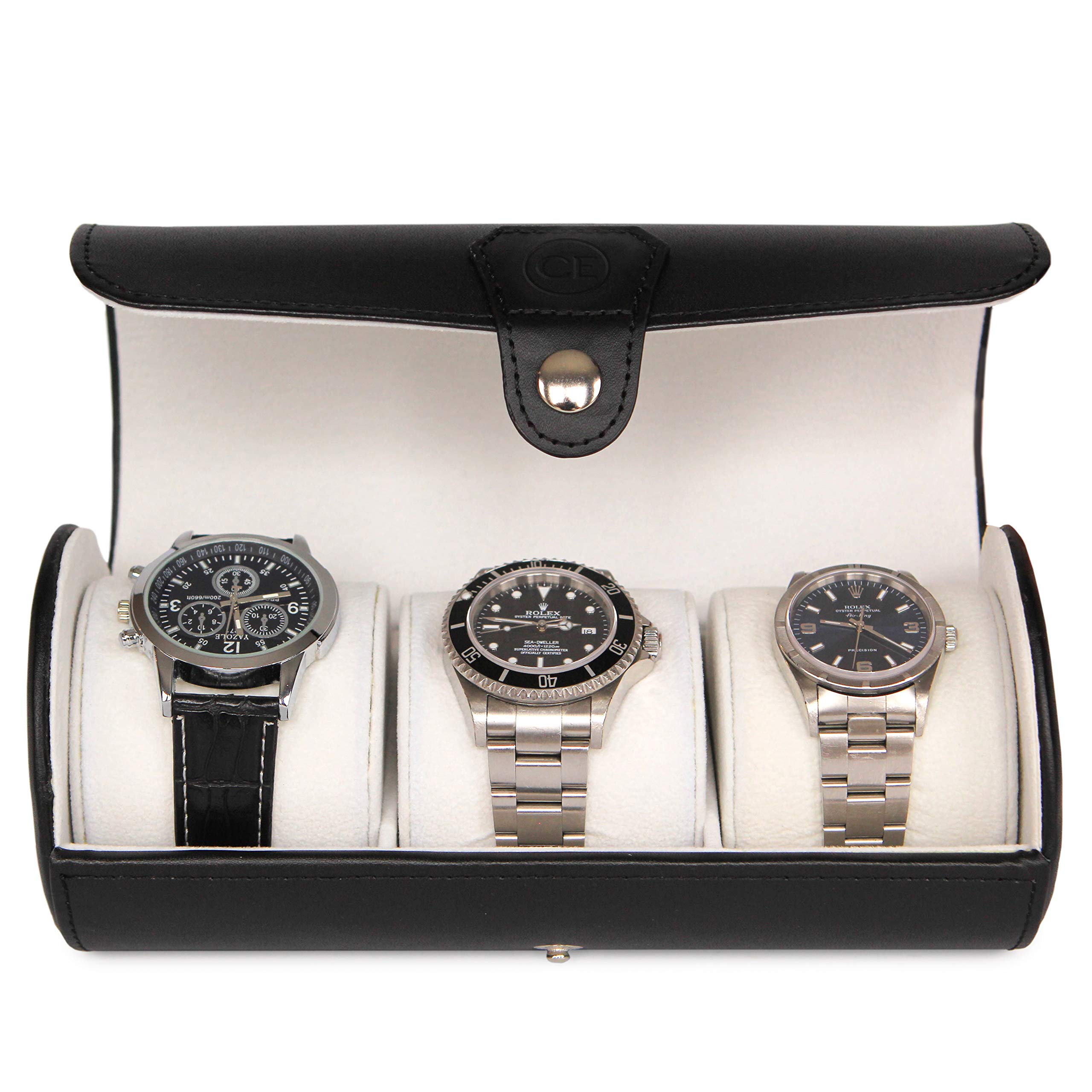 Premium Vegan Leather Watch Case Roll Organizer - Monogrammed Travel Watch Storage for Men & Women | Classic Black Design for Luxury Watch Collection & Business Travel Accessories