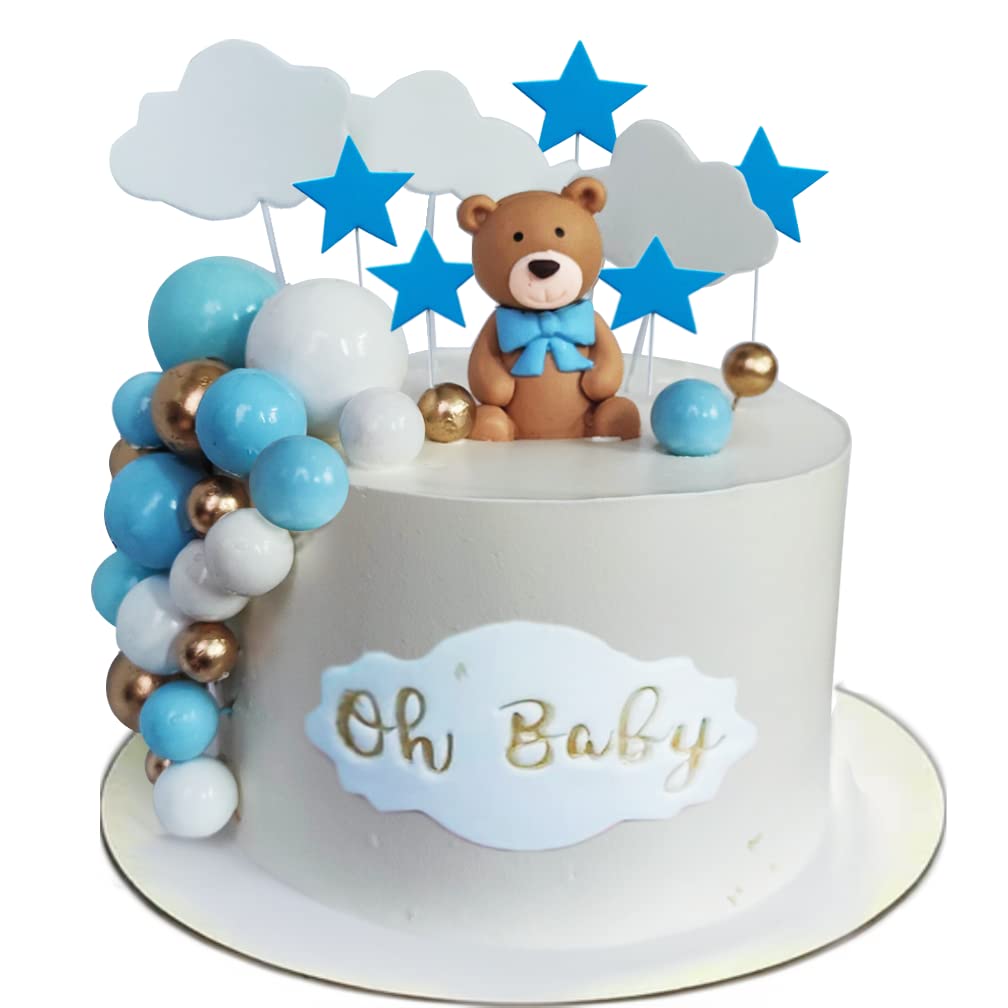 Baby Bear Cake Topper Set - 38pcs Blue Birthday Decorations for Baby Boy Shower | Perfect for 1st Birthday Cakes, Nursery Decor & Gender Reveal Parties
