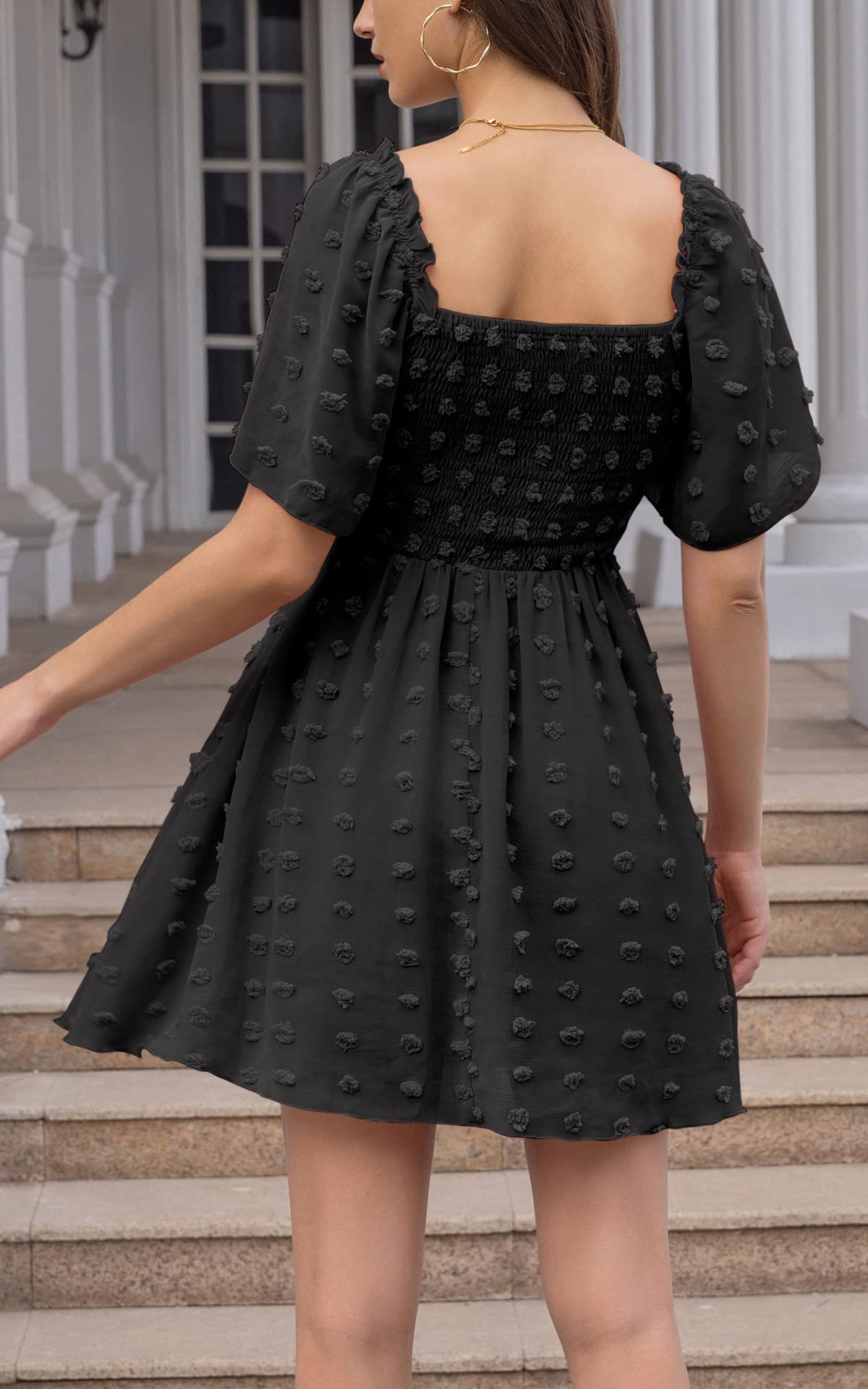 EXLURA Women's 2025 Summer Casual Square Neck Ruffle Short Sleeve Swiss Dot Flowy Mini Dress - Perfect for Beach Vacations, Date Nights & Summer Parties