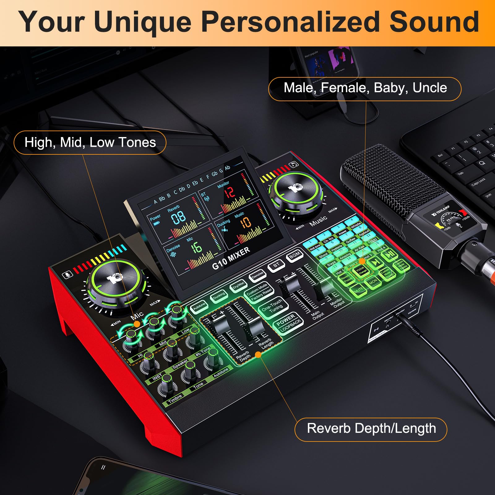 Professional Podcast Microphone Bundle with Live Sound Card & Audio Mixer – Condenser Mic for PC/Phone Streaming, Gaming, Singing – Includes Voice Changer & Noise Reduction – Perfect for Home Studios, YouTube, Twitch & Podcasting