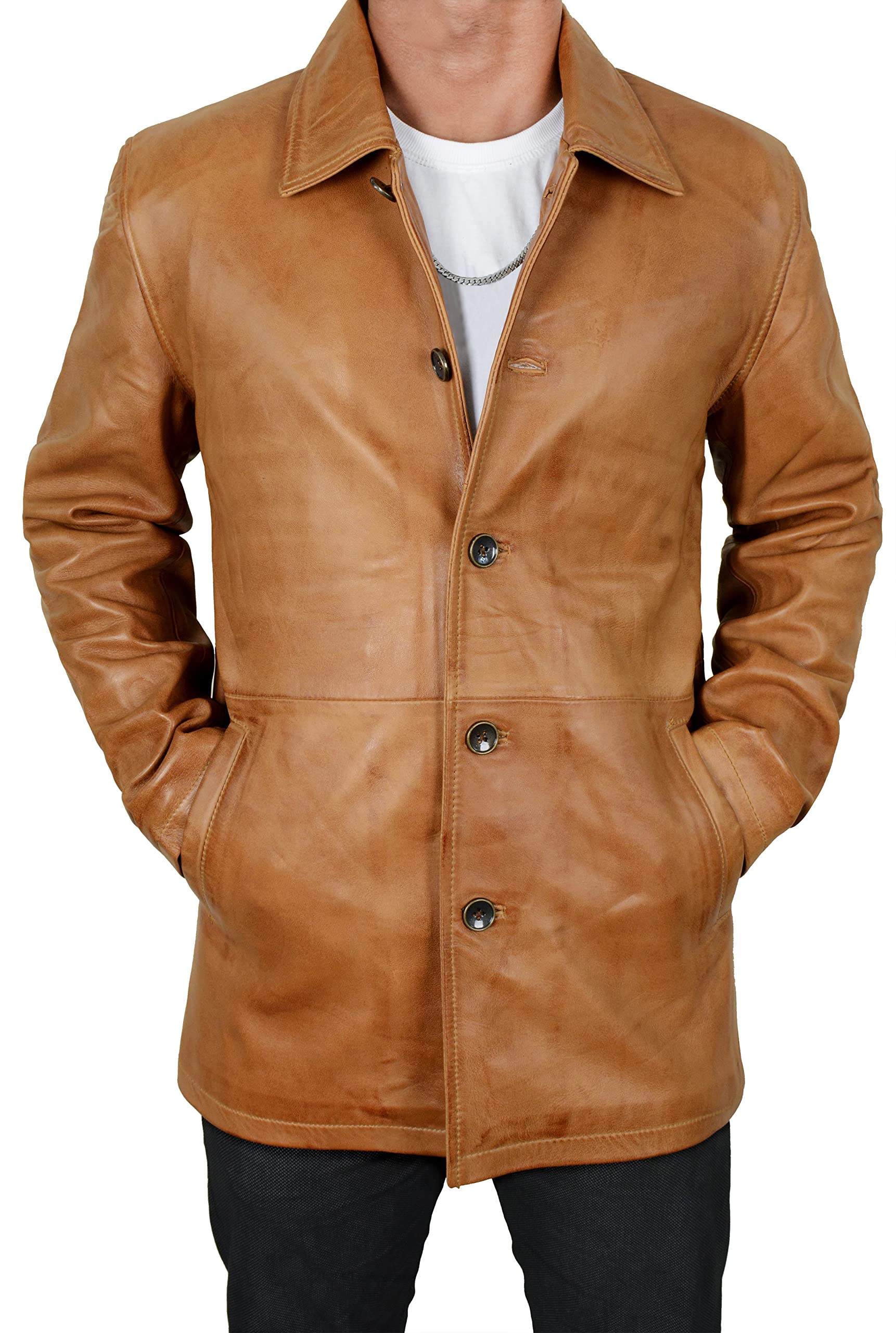 Classic Men's Winter Leather Car Coat - 3/4 Length Warm Jacket for Driving & Outdoor Activities | Vintage Style Motorcycle Jacket for Fall & Winter Commuting