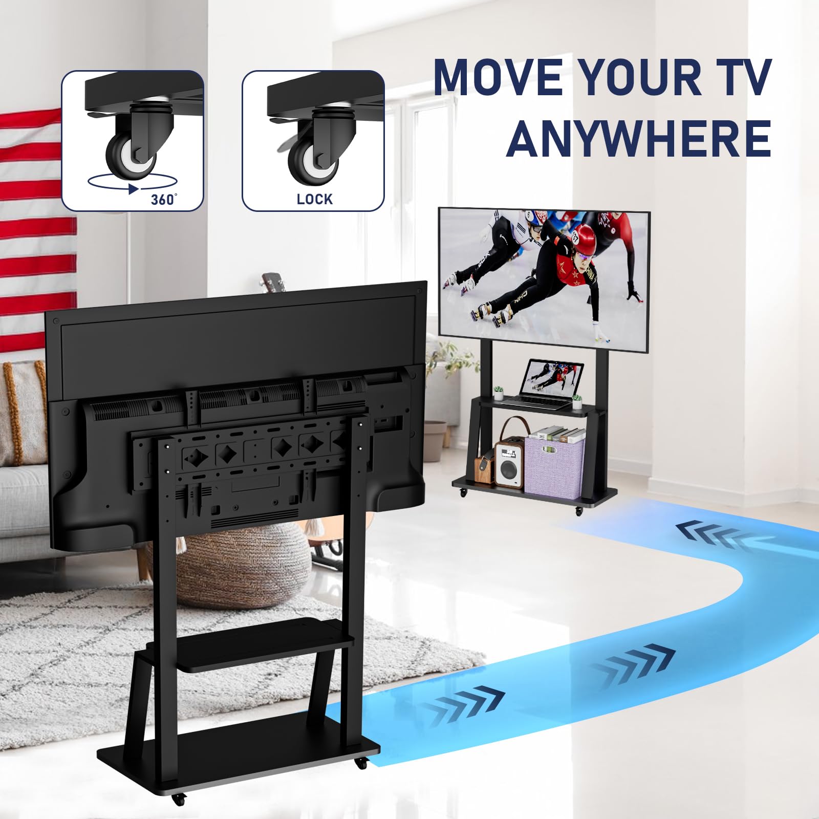 Portable Mobile TV Cart Stand with Wheels for 32-75 Inch TVs - Adjustable Height & 15° Viewing Angle, 130LBS Capacity, VESA 600×400 - Perfect for Living Room, Bedroom, or Office Entertainment Setup