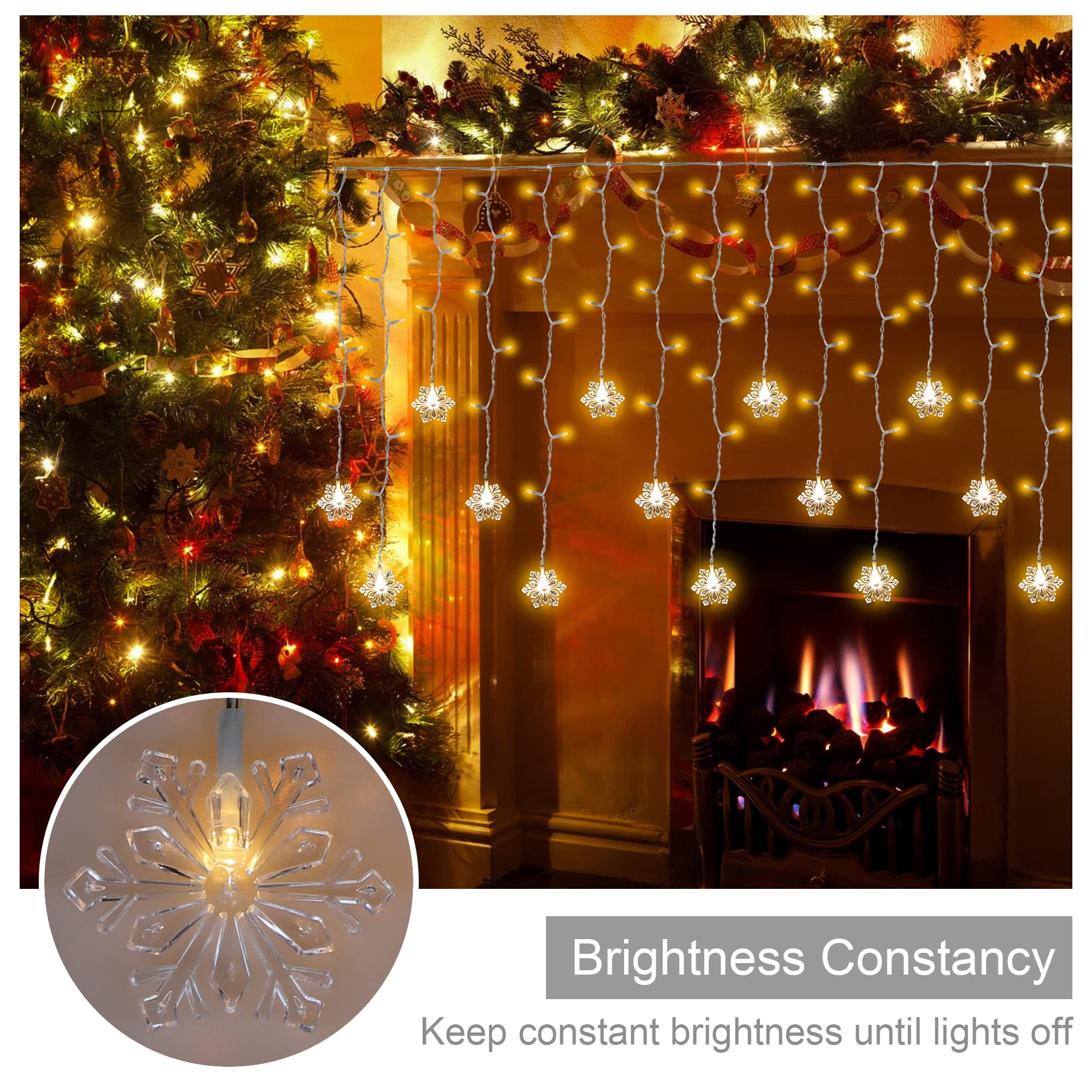 150 LED Icicle Lights with Snowflake Design - 8 Twinkle Modes Christmas Curtain Lights, Waterproof Fairy String Lights for Outdoor Holiday Decorations, Perfect for Christmas Trees, Wedding Parties & Garden Decor (Warm White)