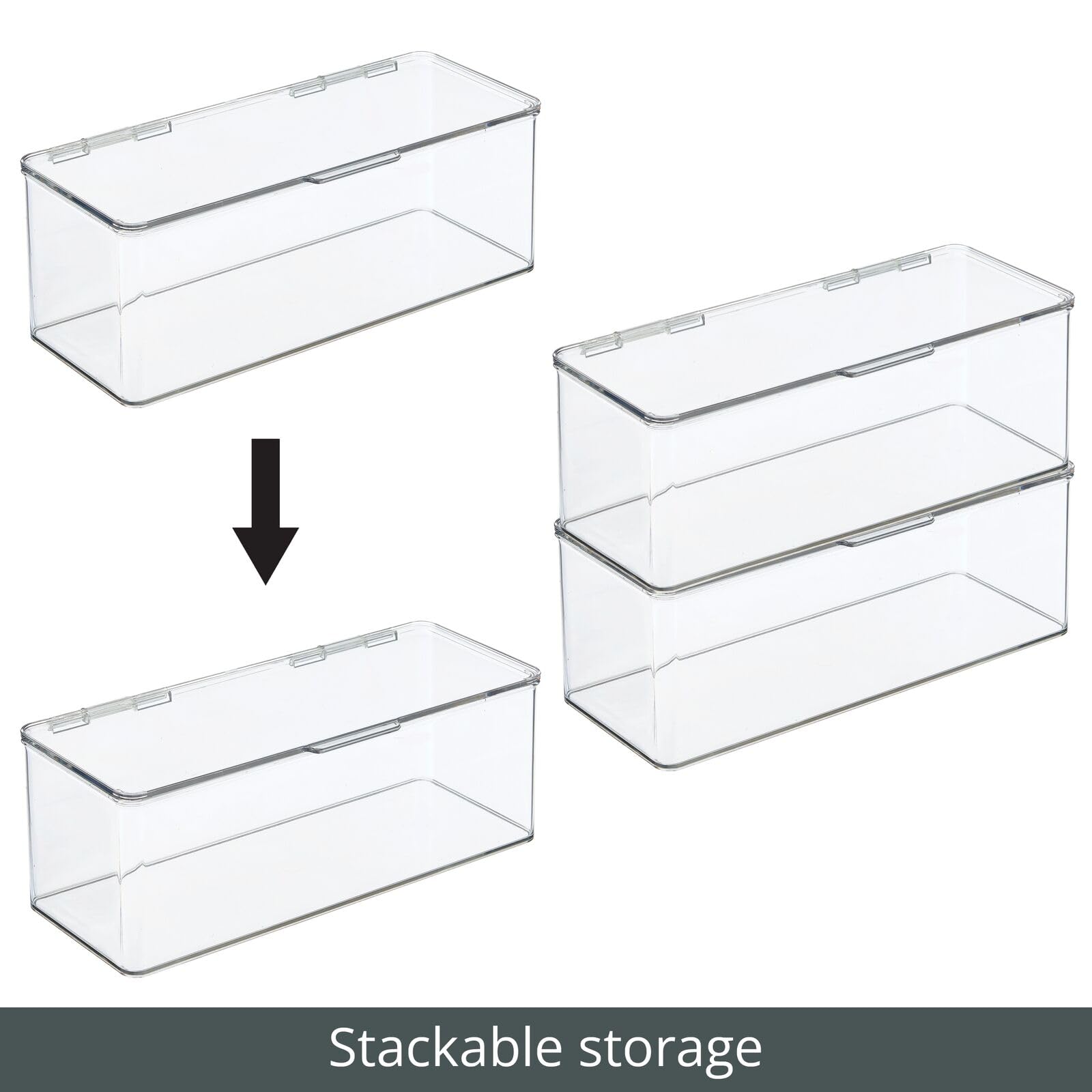 mDesign 4-Pack Clear Plastic Bathroom Storage Organizer Box with Hinged Lid - Vanity Drawer & Countertop Organizer for Lotions, Shampoo, Conditioner, Soap, Cotton Swabs, Face Towels & Accessories | Perfect for Bathroom Counter Organization, Makeup Storage & Small Item Decluttering