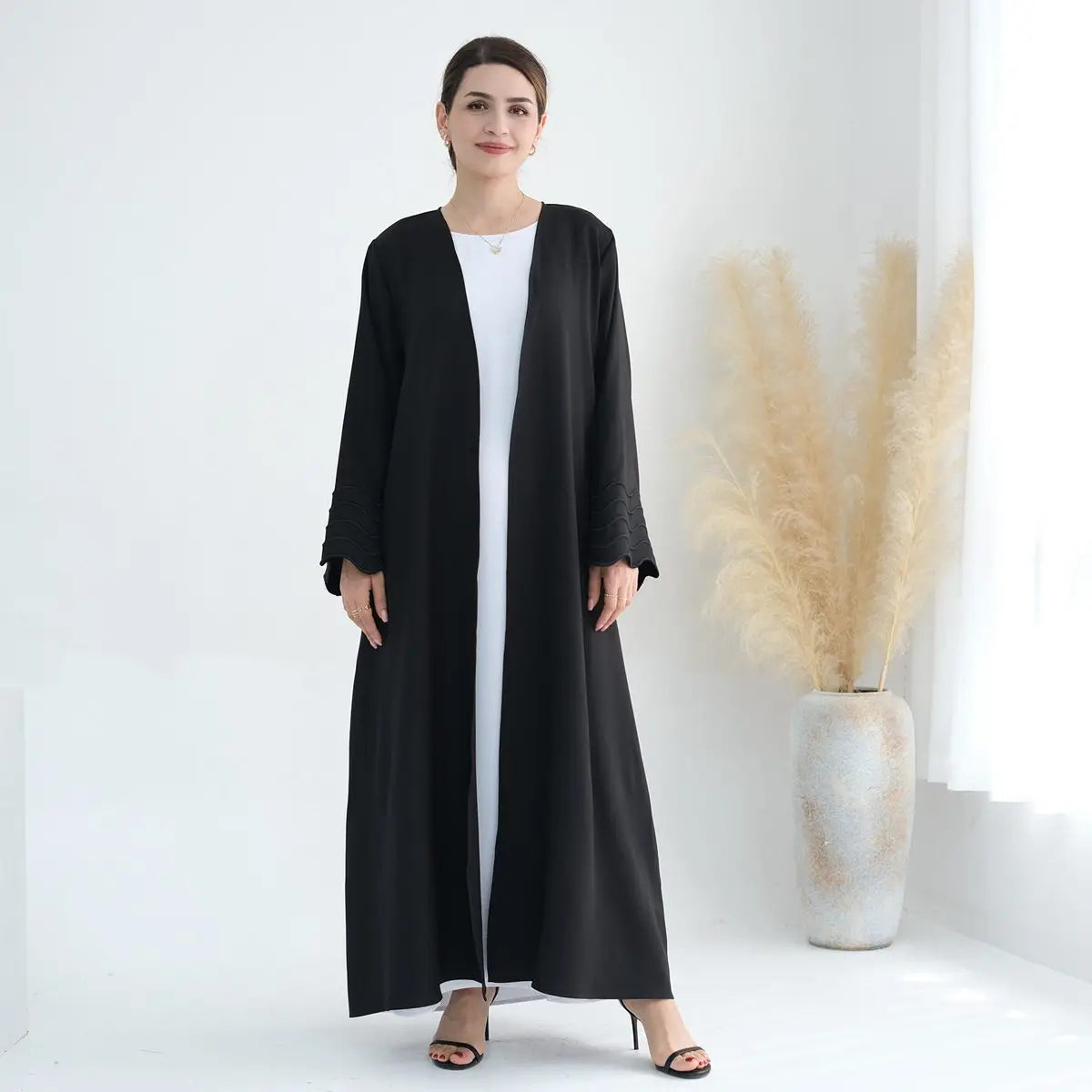 Elegant Hijab Embroidery Sleeve Cardigan Open Abaya Dress for Muslim Women - Perfect for Prayer, Mosque Visits & Special Occasions