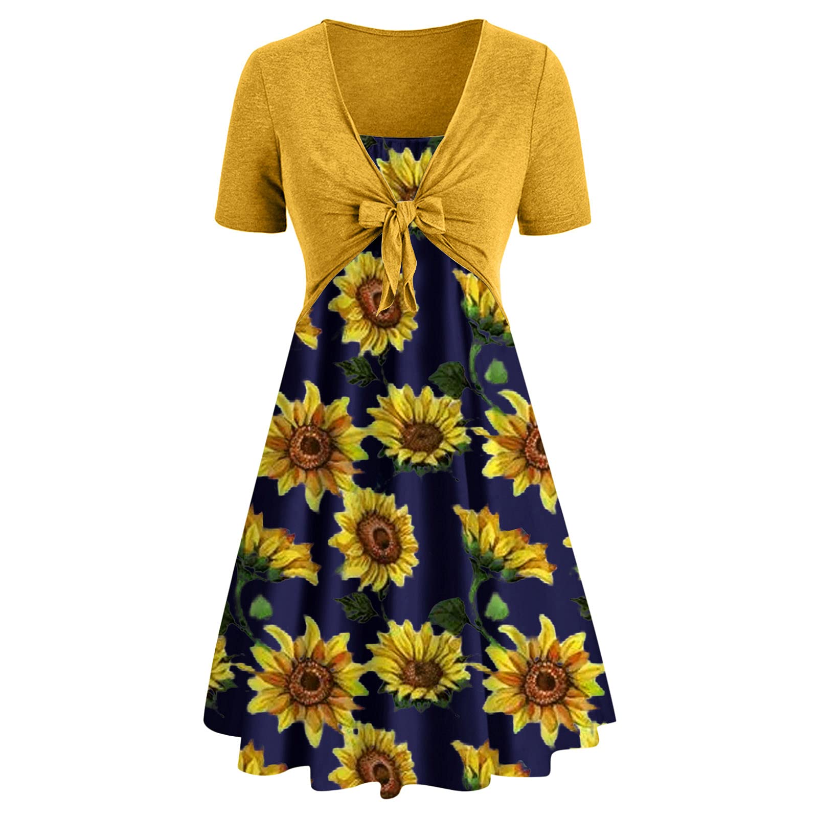 Women's Summer Retro Print Mini Sun Dresses - Short Sleeve Bandage Tie Casual Dress for Beach, Vacation & Outdoor Activities