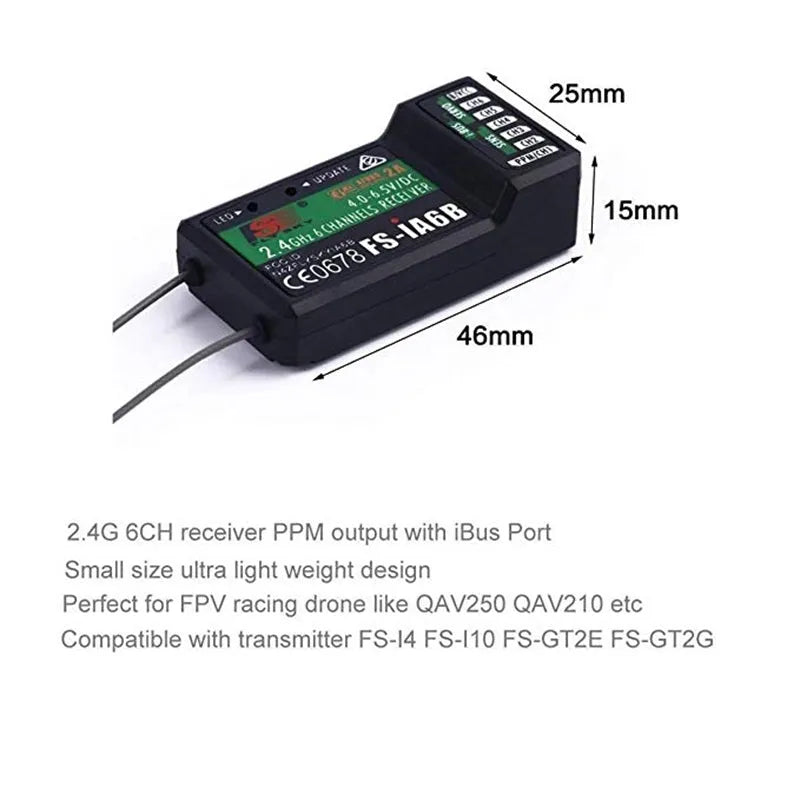 FLYSKY FS iA6B 6CH PPM Receiver with iBus Port - Compatible with Flysky i4 i6 i10 Transmitters - Perfect for RC Drones, Cars, and Airplanes