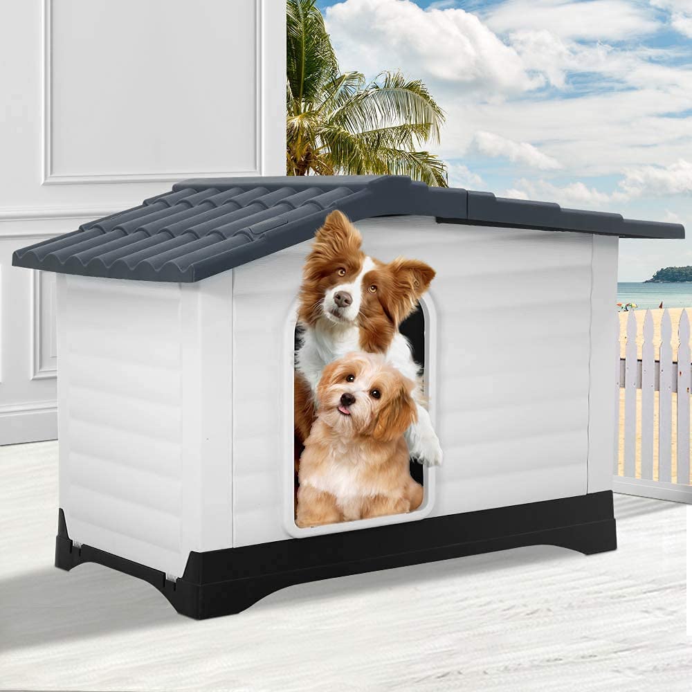 26 Inch Waterproof & Ventilated Indoor/Outdoor Dog House - Durable Plastic Pet Kennel with Elevated Floor for Small, Medium & Large Dogs - All-Weather Puppy Shelter for Backyard, Patio & Camping