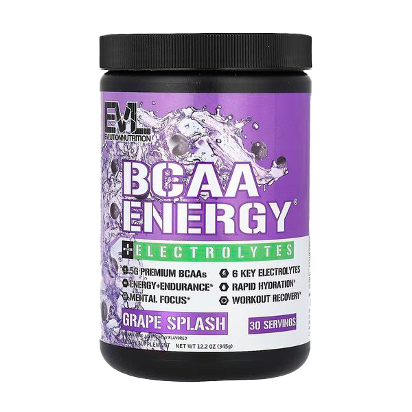 EVLution Nutrition BCAA Energy + Electrolytes Powder - Grape Splash Flavor 345g for Workout Recovery & Hydration | Pre & Post Workout Supplement for Athletes & Fitness Enthusiasts