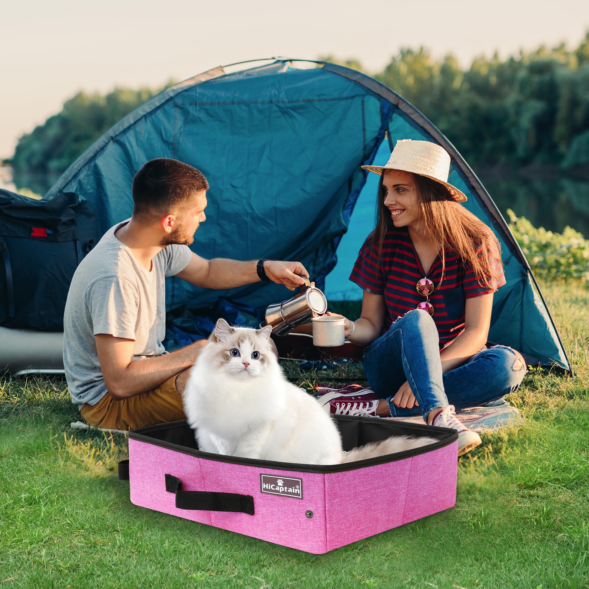 HiCaptain Portable & Collapsible Cat Litter Box for Travel - Leak-Proof, Sturdy & Lightweight Design - Perfect for Car Trips with Medium Cats & Kittens (Pink) - Ideal for Road Trips, Camping & Vet Visits