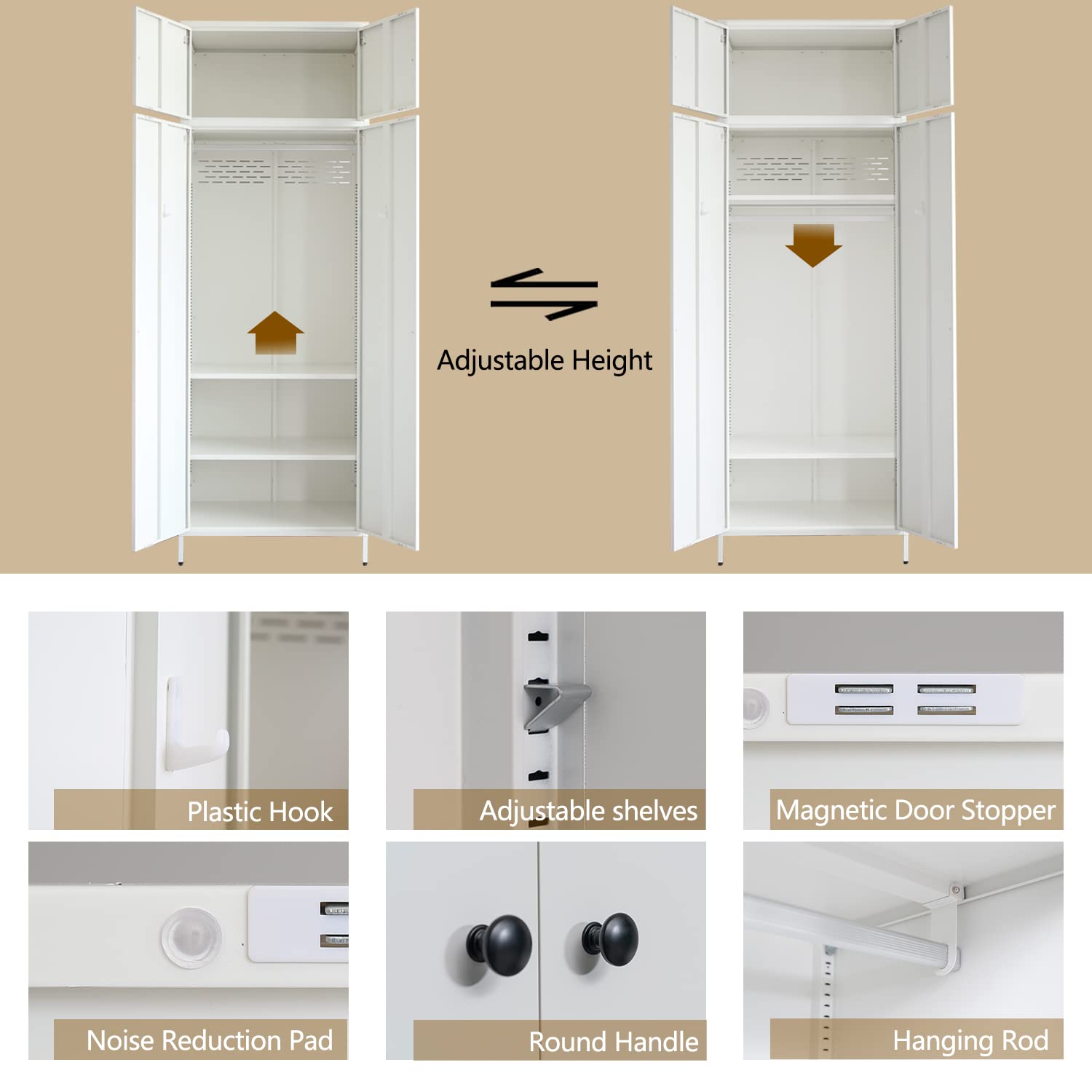 BESFUR Freestanding Wardrobe Closet - White Metal Armoire with Adjustable Hanging Rod & Storage Cabinet (20