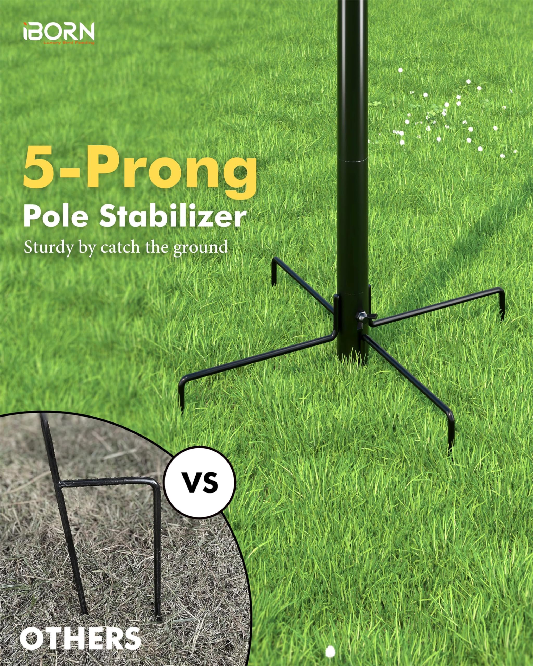 iBorn 87Inch Heavy Duty Hanging Bird Feeder Station Stand - 1 Inch Thick Pole with 4 Hooks & 5-Prong Stabilizer for Wild Birds (Bird Feeders Not Included) - Perfect for Backyard, Garden, and Outdoor Bird Watching