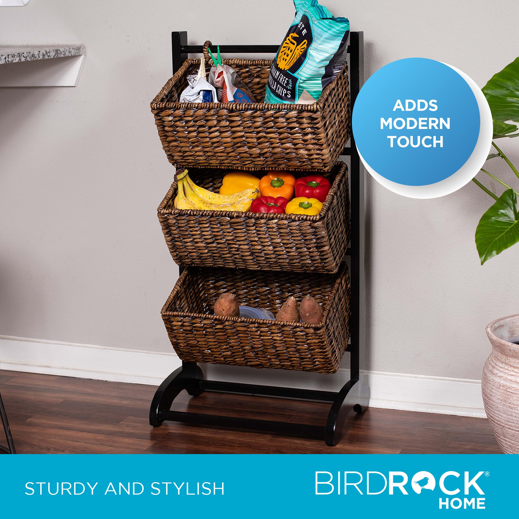 BIRDROCK HOME 3-Tier Storage Shelf with Solid Wood Frame & Handwoven Abaca Baskets - Durable Organizer for Living Room, Bedroom, Kitchen - Natural Brown & Espresso Finish - Perfect for Storing Blankets, Toys, Books & Kitchen Essentials