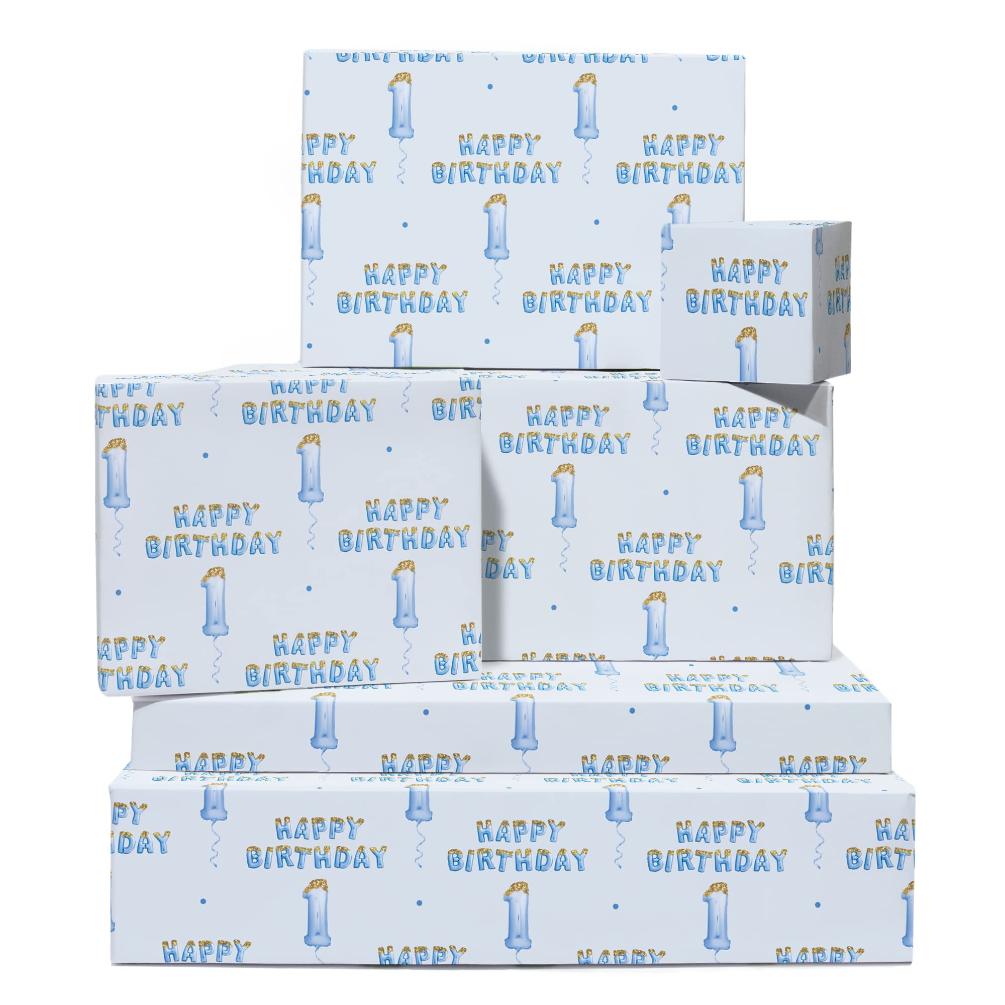 1st Birthday Wrapping Paper for Boys - 6 Sheets Blue Recyclable Gift Wrap with Stickers | Perfect for Baby's First Birthday Parties, Baby Showers & Special Occasions