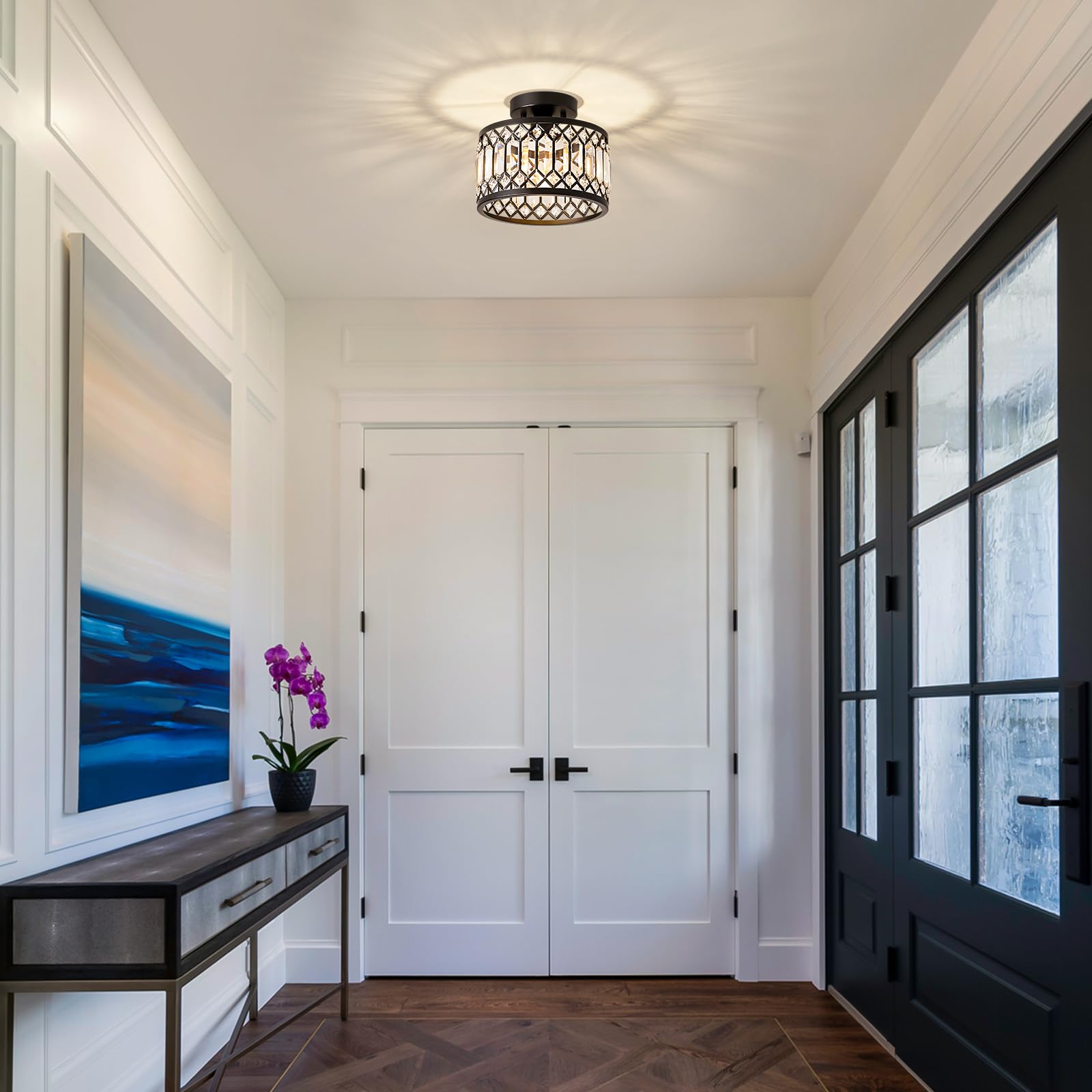 Modern Crystal Black Ceiling Light - 9 Inch Round Semi Flush Mount Lighting Fixture for Kitchen, Bedroom, Hallway & Entryway - Elegant 1-Light Design for Home & Office Decor