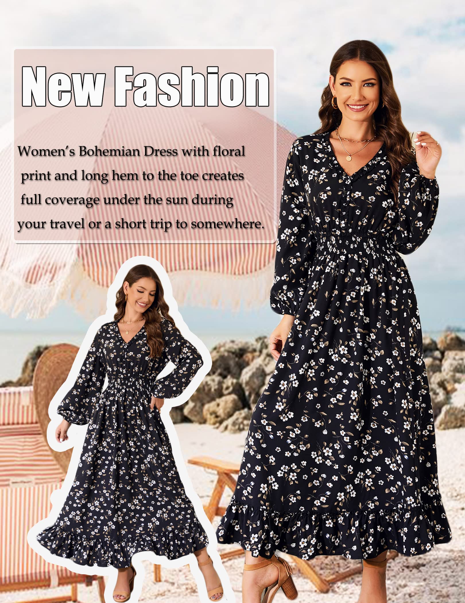MISSKY Women's Casual V-Neck Boho Floral Print Maxi Dress - Bohemian Flowy Wedding Guest Dress for Summer Beach, Party & Vacation