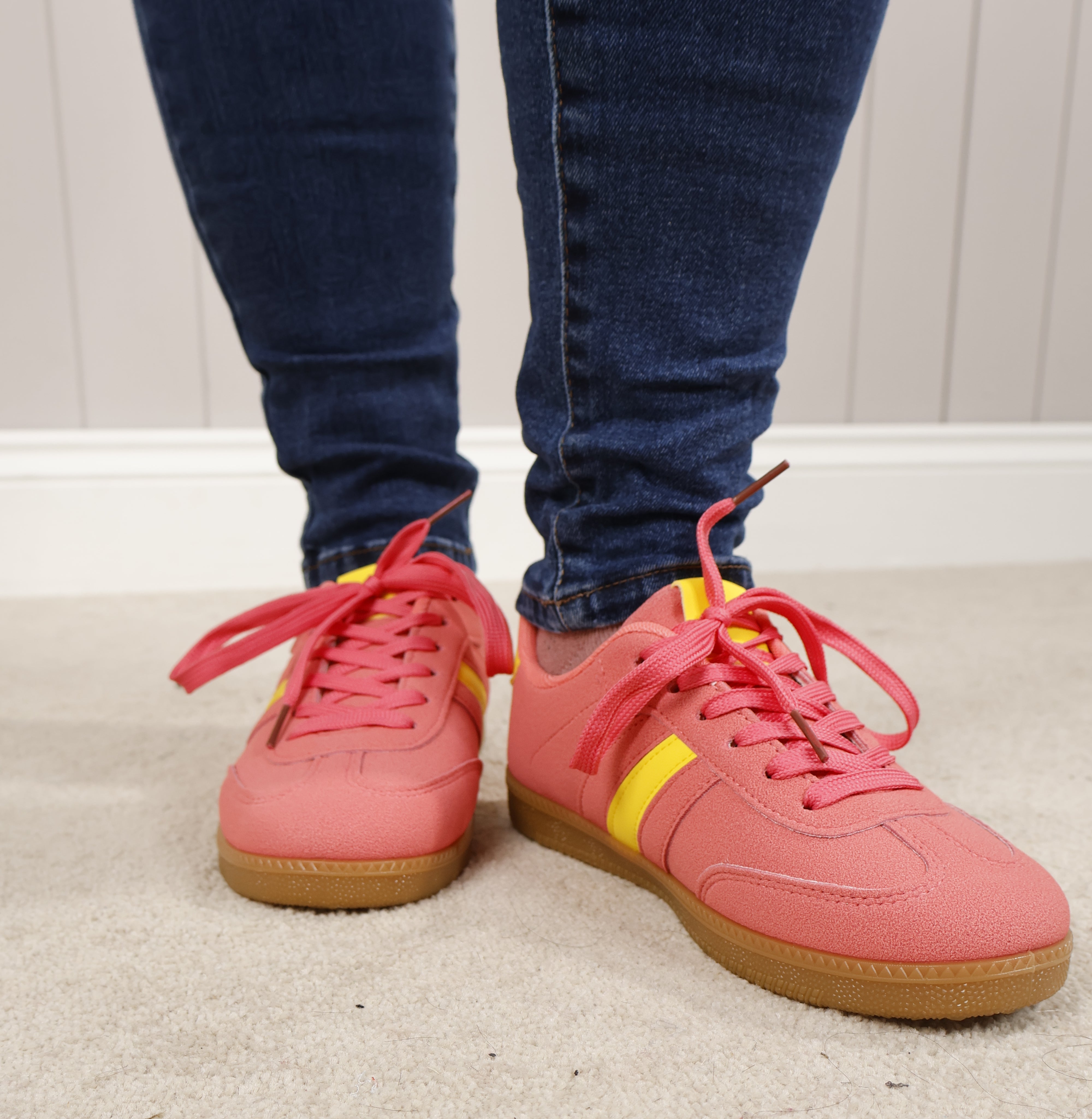 Vespa Stripe Sneakers for Women - Coral & Yellow Retro Running Shoes - Perfect for Casual Wear, Walking, and Gym Workouts