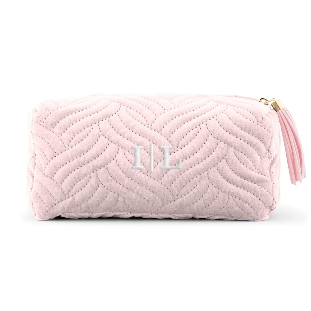 Personalized Velvet Quilted Makeup Bag for Women - Small Blush Pink Wedding Gift, Bridesmaid Proposal, Travel Cosmetic Pouch for Bachelorette Party & Honeymoon
